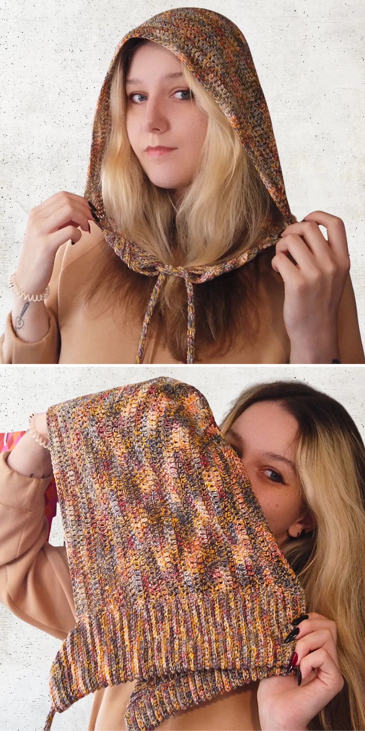 a crochet hood in variegated yarn