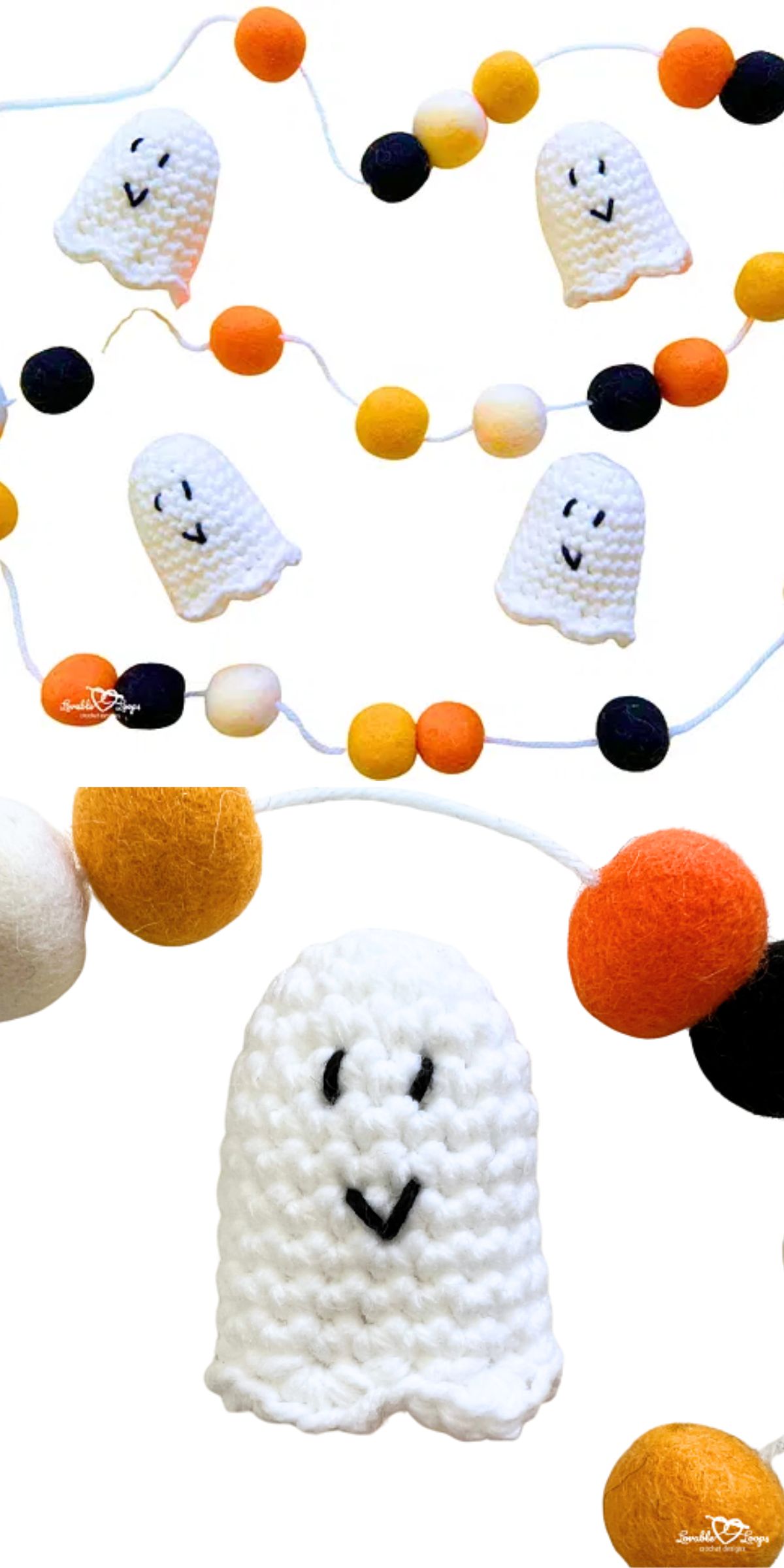 a crochet garland made of little ghost amigurumi