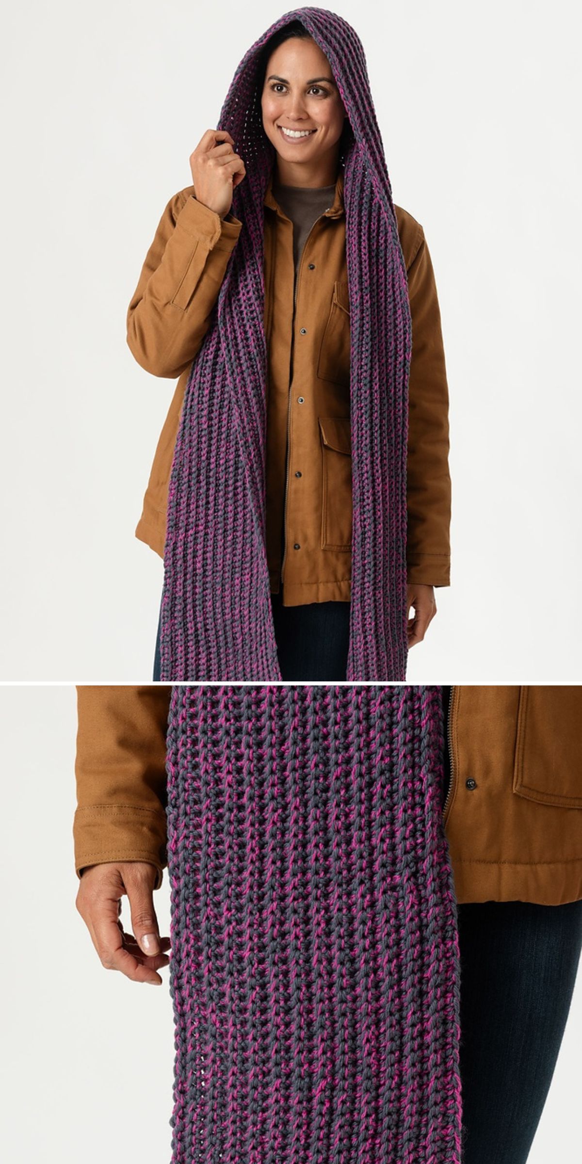 a woman wearing a long crochet hooded scarf in purple