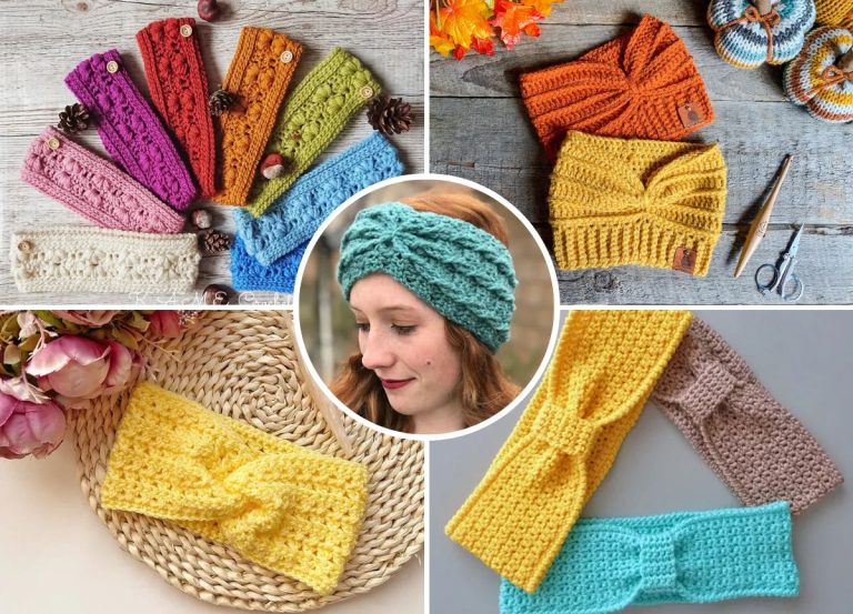 Collage of various crocheted headbands in different colors and styles, with a central image showing a woman wearing a teal headband.