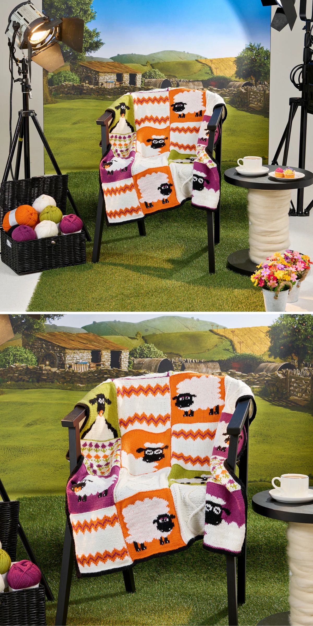 A black chair draped with a colorful sheep-patterned knitted blanket, yarn, a lamp, flowers, and a rural backdrop complete the cozy indoor scene.