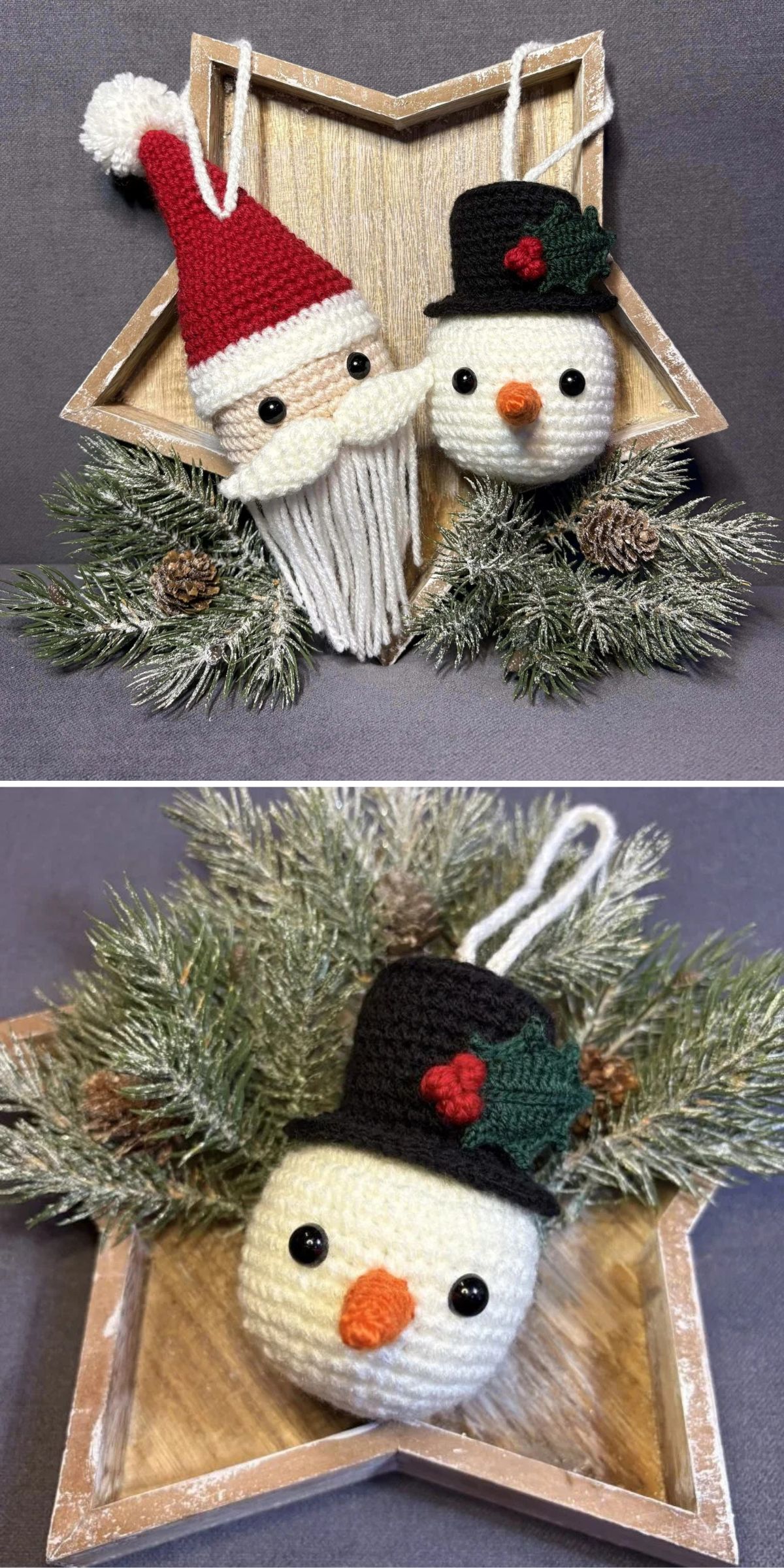 Two crochet ornaments, one Santa and one snowman with a black hat, are displayed on a wooden star tray with pine branches. A close-up below shows the snowman ornament.