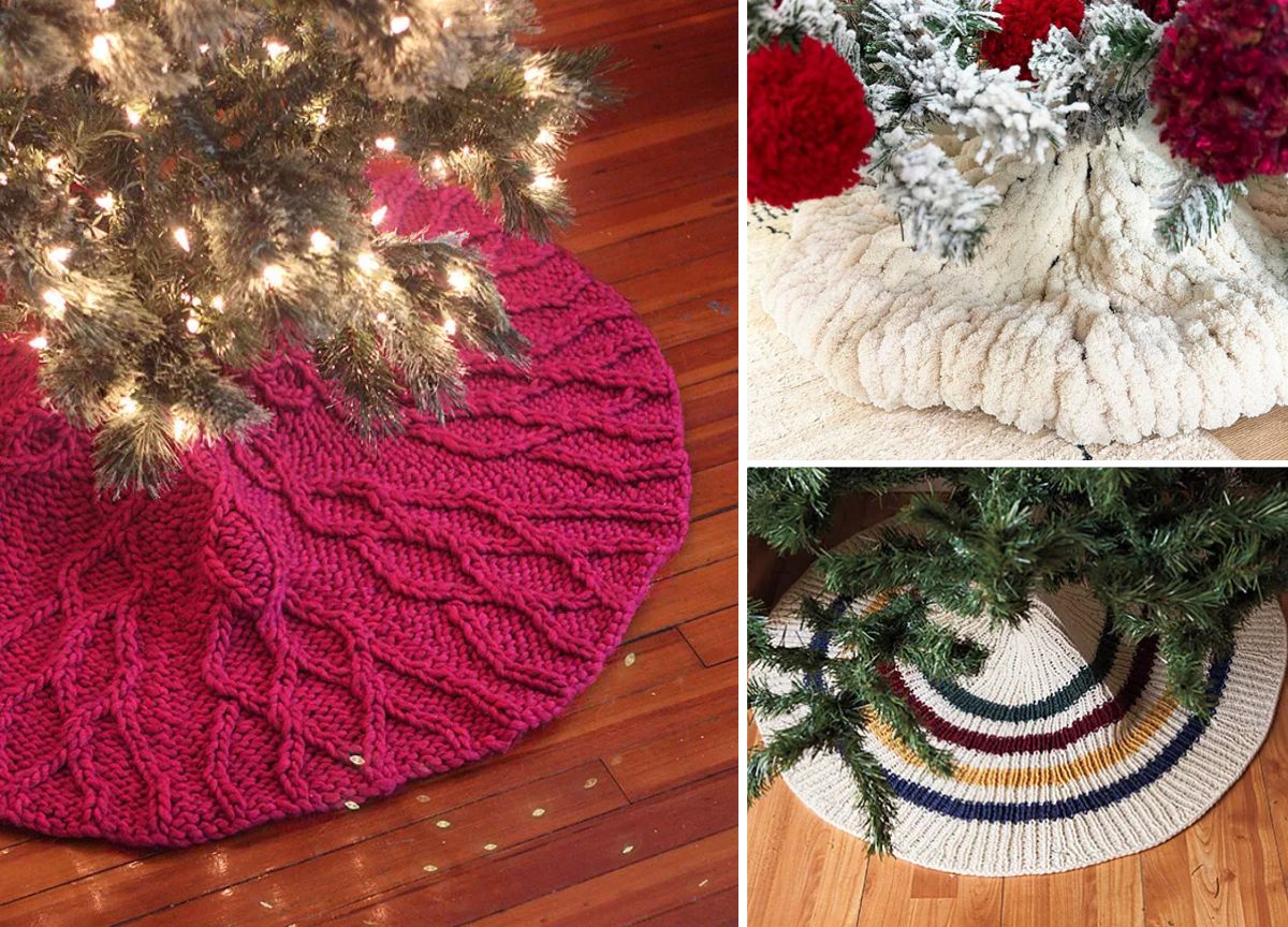Three different tree skirts are shown under Christmas trees: a red knitted skirt, a white textured skirt, and a woven skirt with multicolored stripes on wood floors.