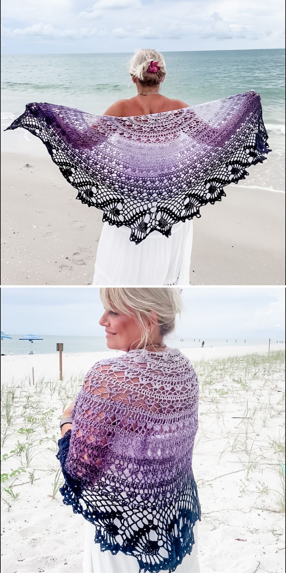 A woman stands on a beach wearing a white dress and a purple-to-black gradient crocheted shawl, shown from the back and side.