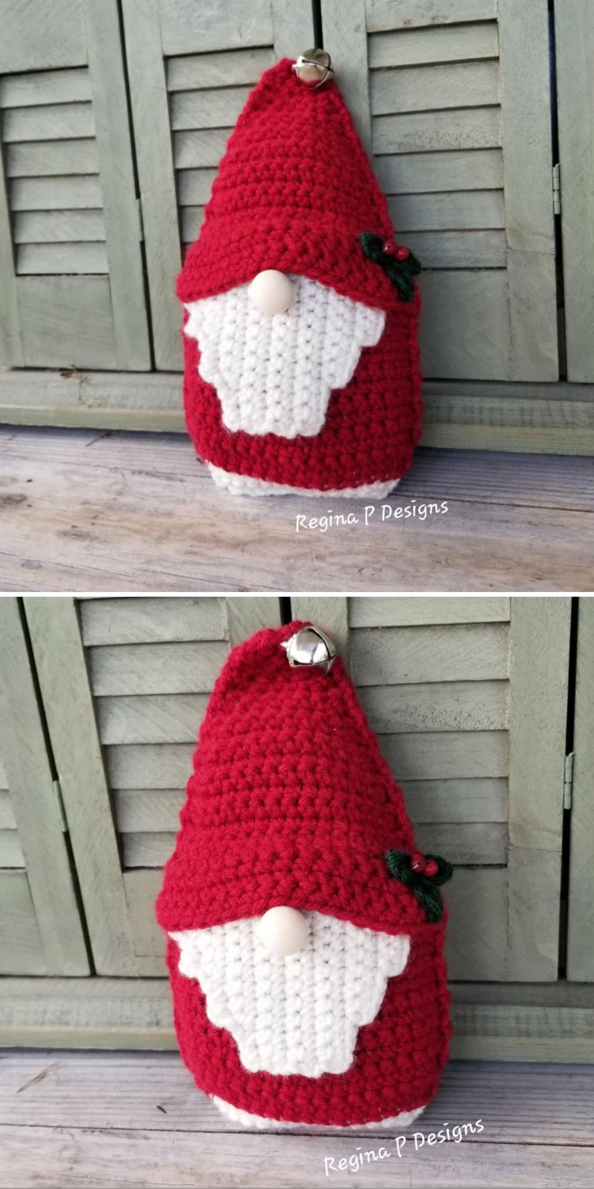 A handmade crochet gnome with a red hat, white beard, and small bell sits in front of green shuttered doors.