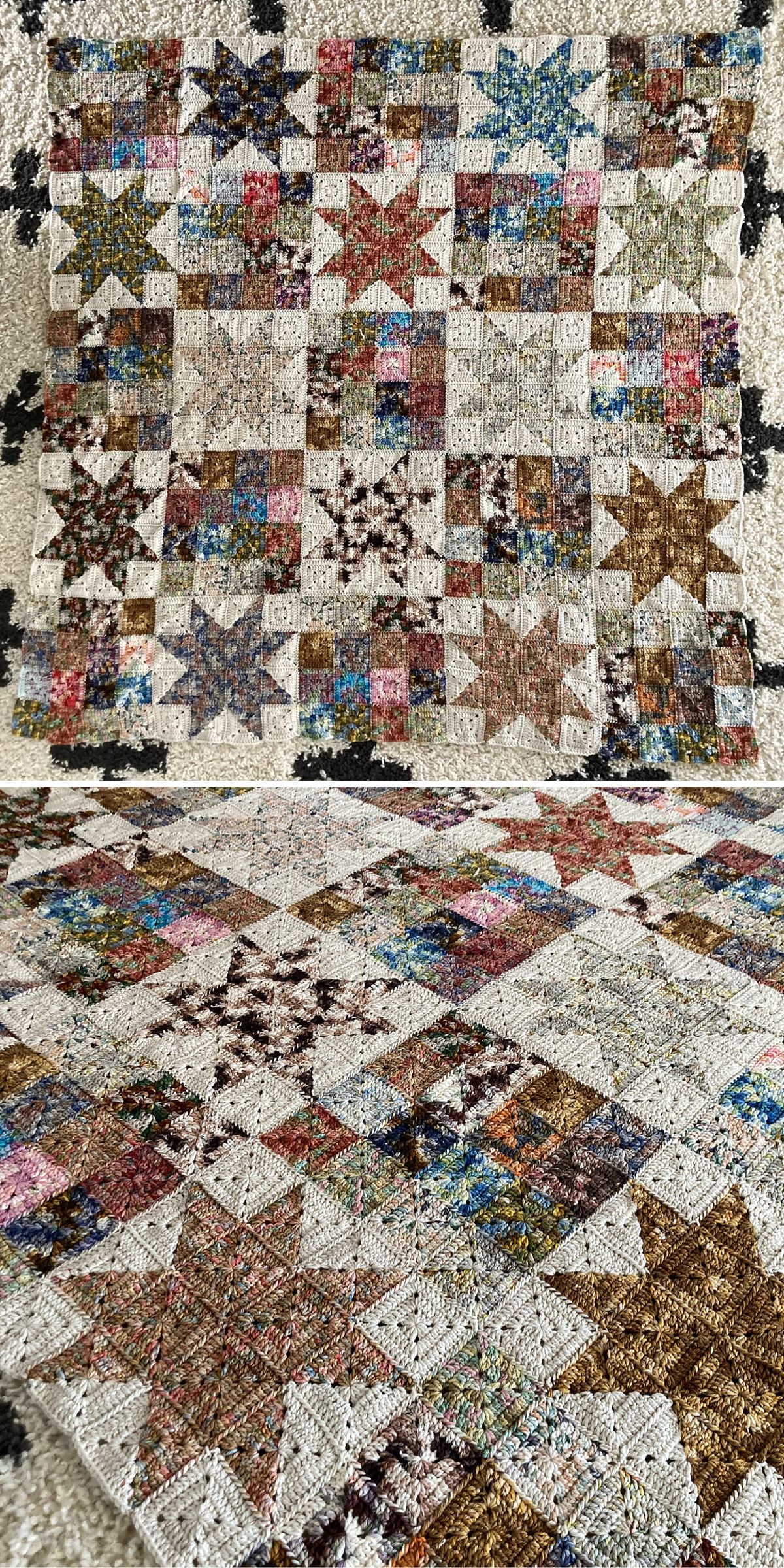 A crochet blanket with multicolored star patterns and varied fabric squares displayed on a textured surface.