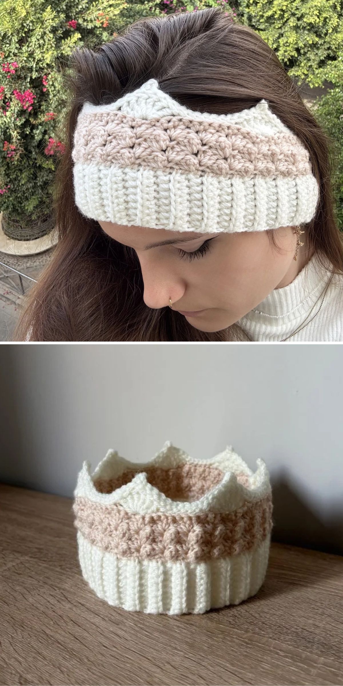 A woman wears a crocheted crown headband with white and beige stripes. Below, the headband is shown alone on a wooden surface.
