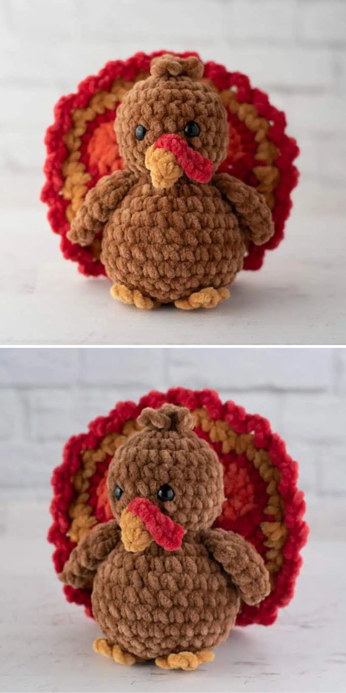 Two views of a crocheted turkey plush with a round brown body, red and yellow tail feathers, black eyes, and a yellow beak.
