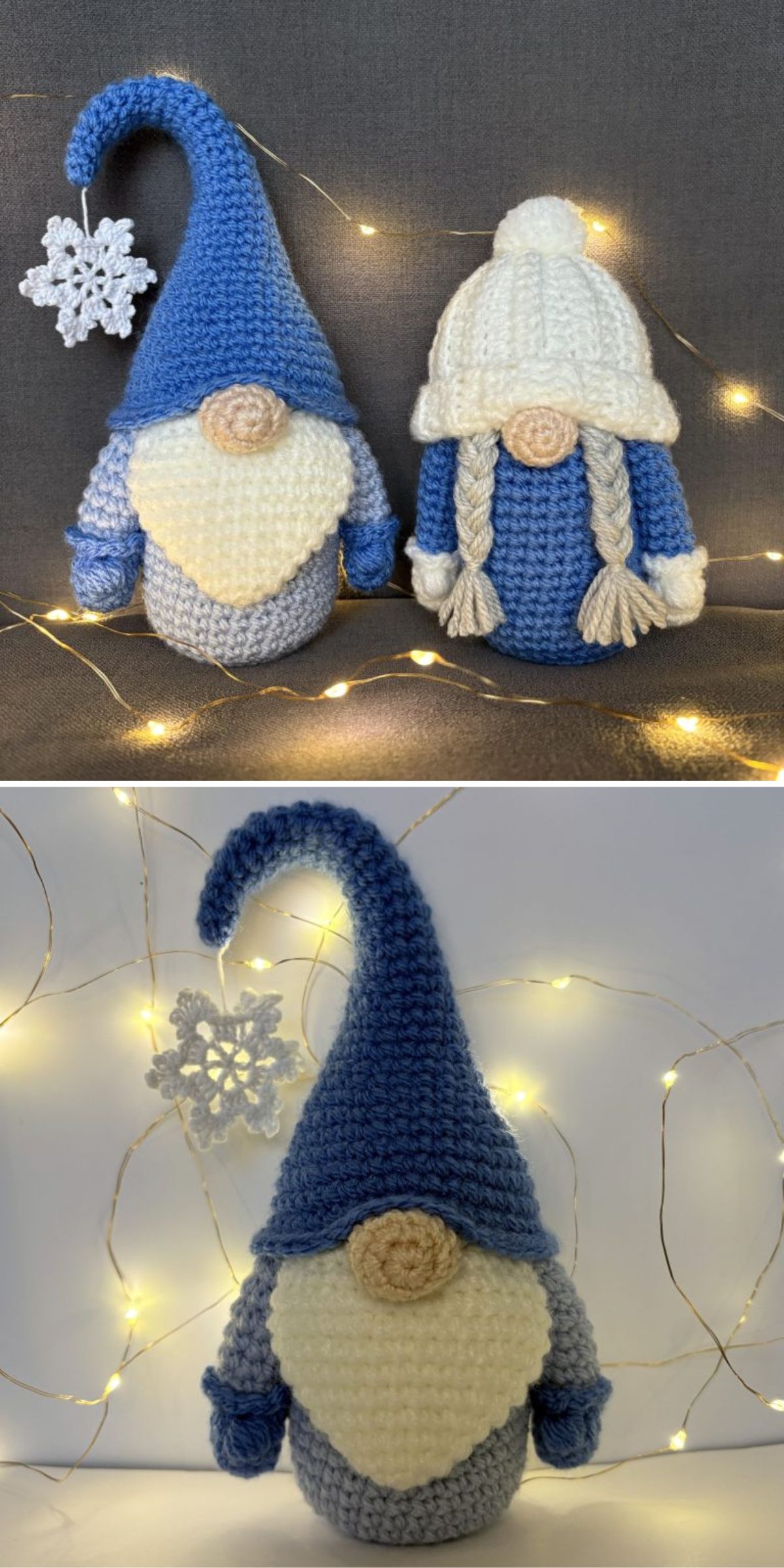 Two crocheted gnomes with long hats and braided details are displayed with fairy lights; one in blue and gray, the other in blue, white, and cream, with a snowflake decoration nearby.