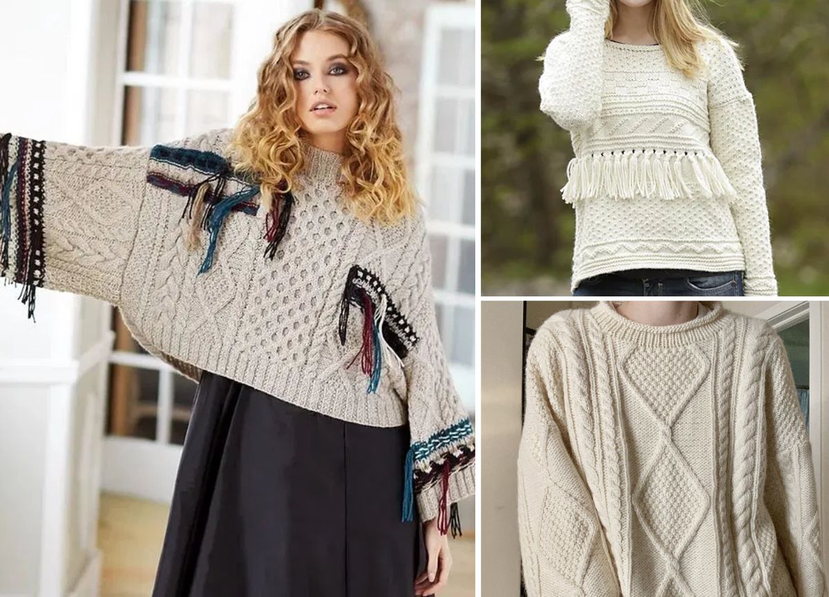 Three women’s cream-colored knitted sweaters are shown: one with colorful tassels and wide sleeves, one with fringe across the chest, and one with a textured diamond cable pattern.
