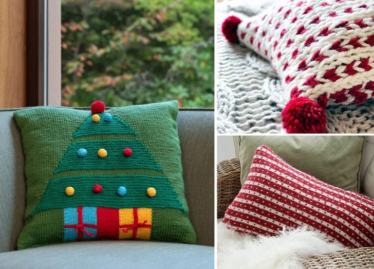 Three decorative pillows with knit designs, including a Christmas tree with ornaments, a red and white pillow with pom-poms, and a striped red and white pillow on different chairs.