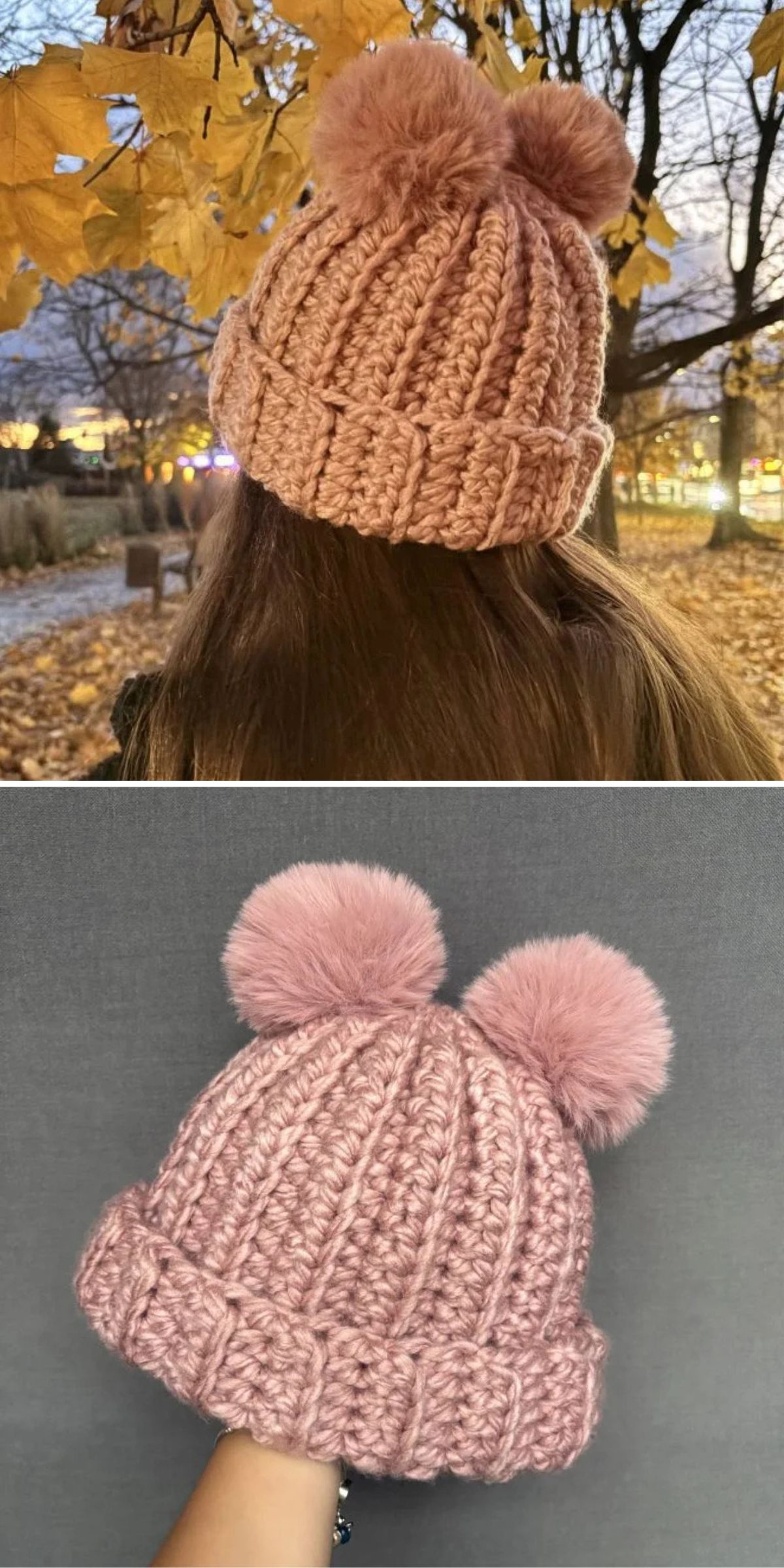 A pink crochet hat with two fluffy pom-poms is shown, first being worn outdoors among autumn leaves and then displayed against a plain background.