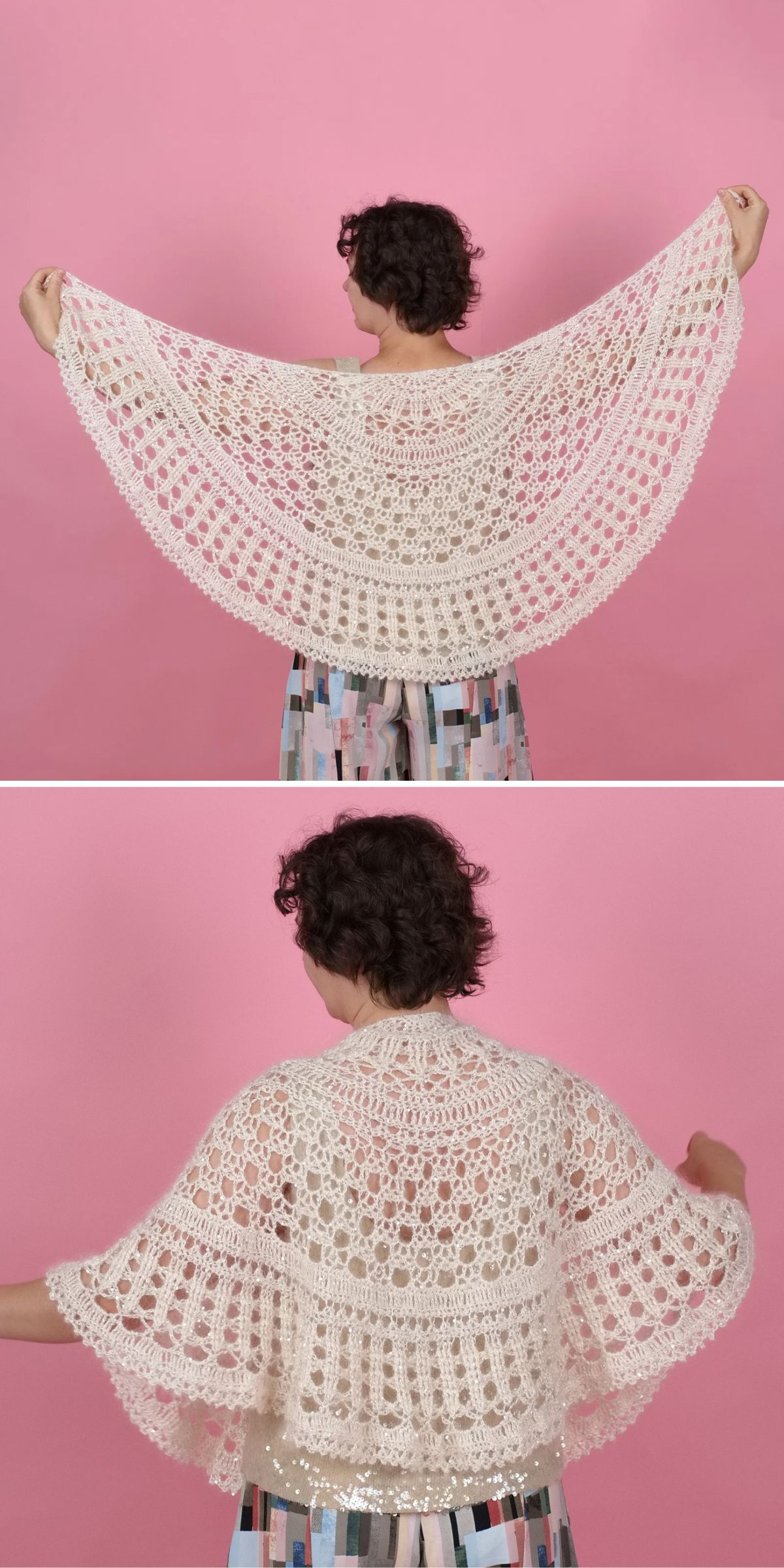 A person in patterned pants displays a white, lacy crochet shawl against a pink background, shown from the back with arms outstretched and relaxed.