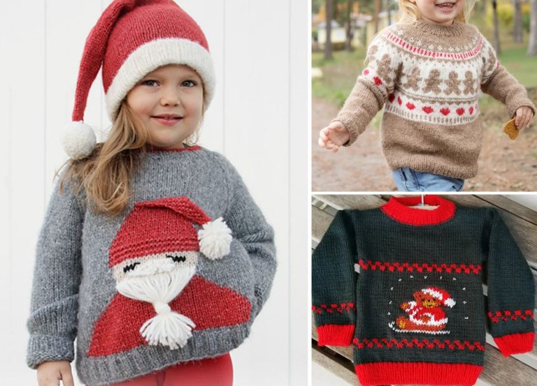 Three young children wear festive knit sweaters: one with a Santa face, one with gingerbread men, and one with a Santa sleigh design.