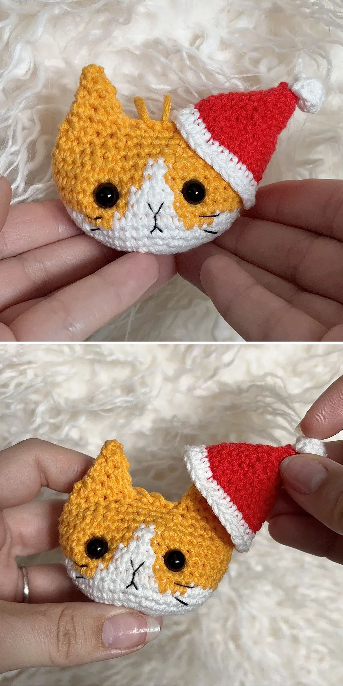Two photos show hands holding a crocheted orange and white cat face with black eyes and a removable red and white Santa hat.