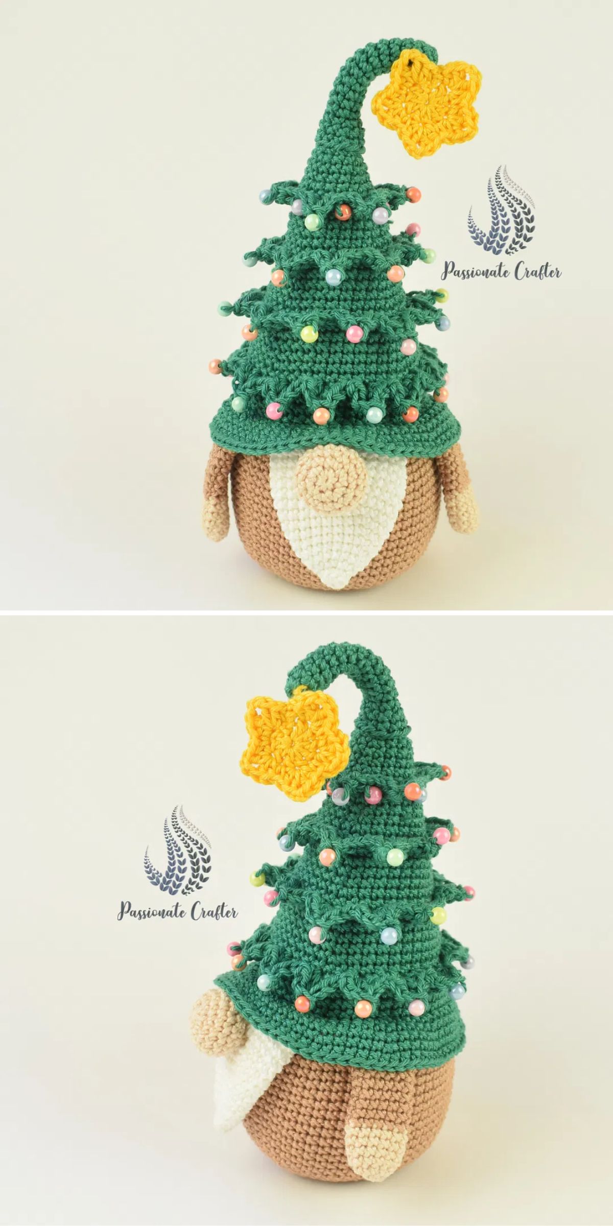 Crocheted gnome doll with a Christmas tree hat decorated with colorful beads and topped with a yellow star, shown from front and back angles.