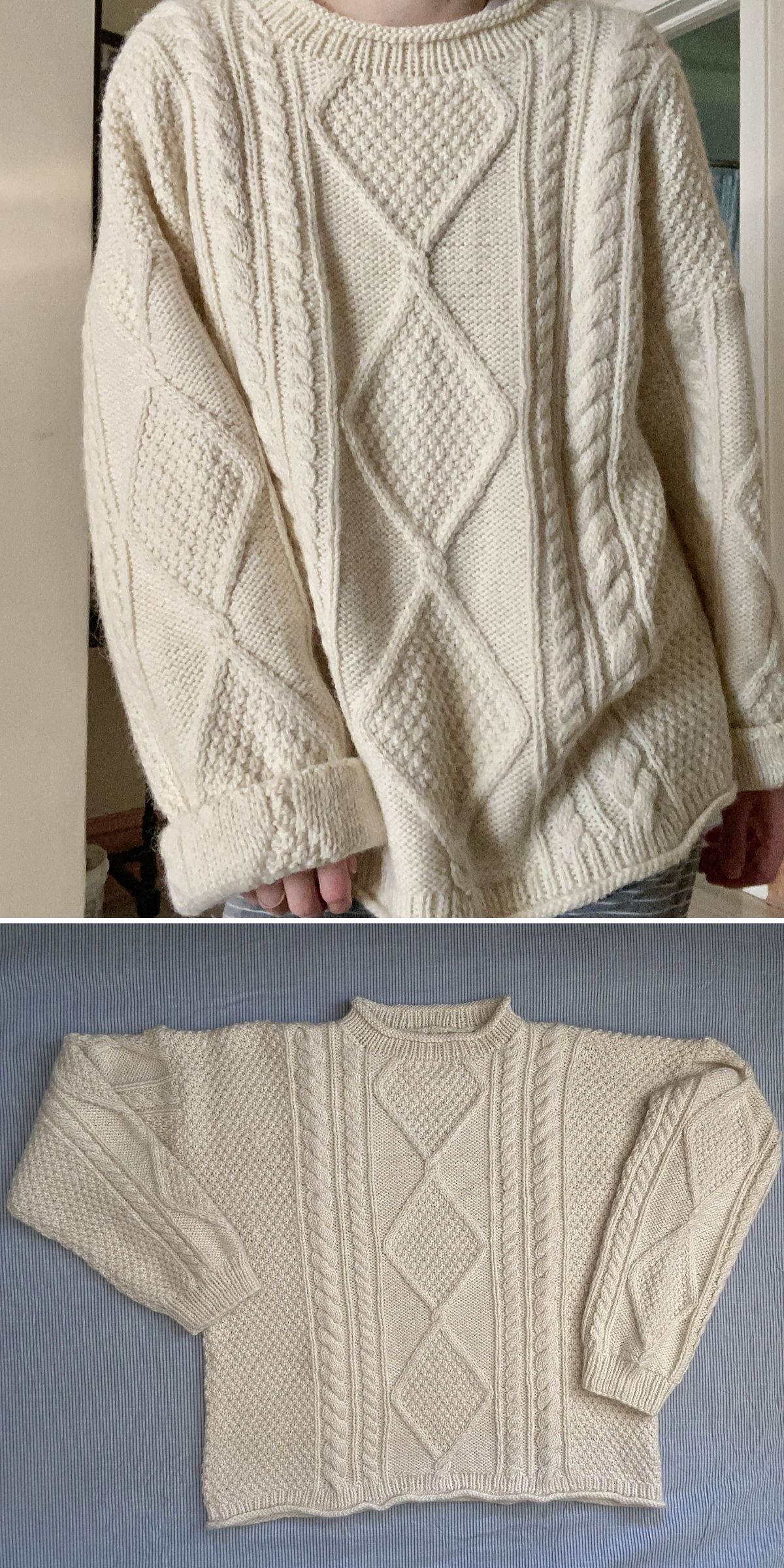 A cream-colored, knitted sweater with cable and diamond patterns, shown worn in the top image and laid flat in the bottom image.
