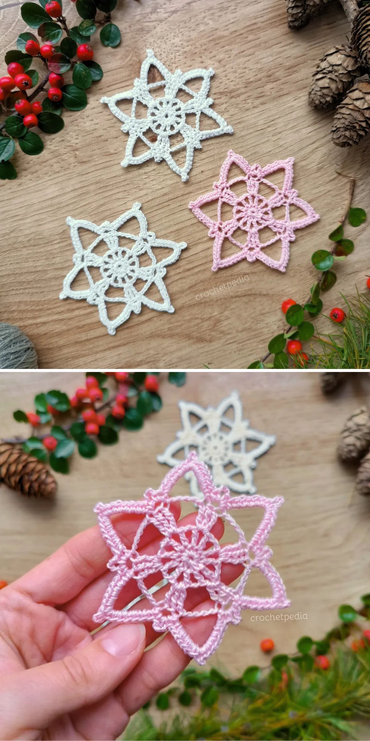Three delicate crochet snowflakes, two white and one pink, displayed on a wooden surface with festive greenery and pinecones; a hand holds the pink snowflake in the second image.