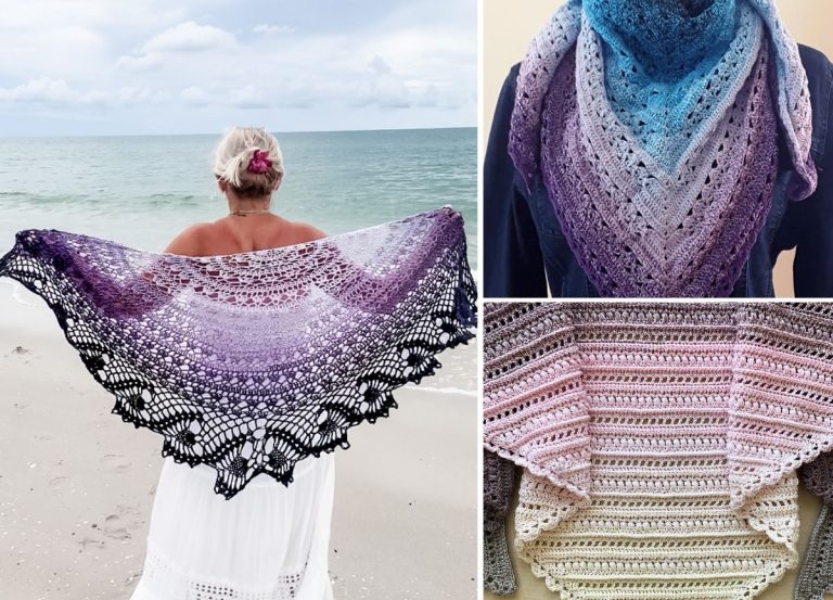 A woman holds a purple gradient crocheted shawl on a beach, shown alongside close-up images of similar shawls in blue and pink ombre patterns.