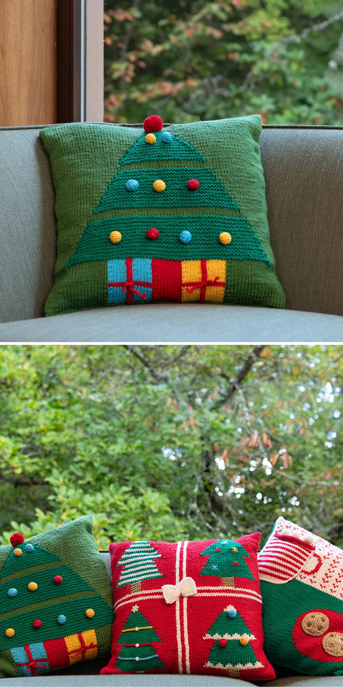Three knitted holiday-themed pillows with Christmas tree and gift designs sit on a light-colored sofa in front of a window with a view of green trees outside.