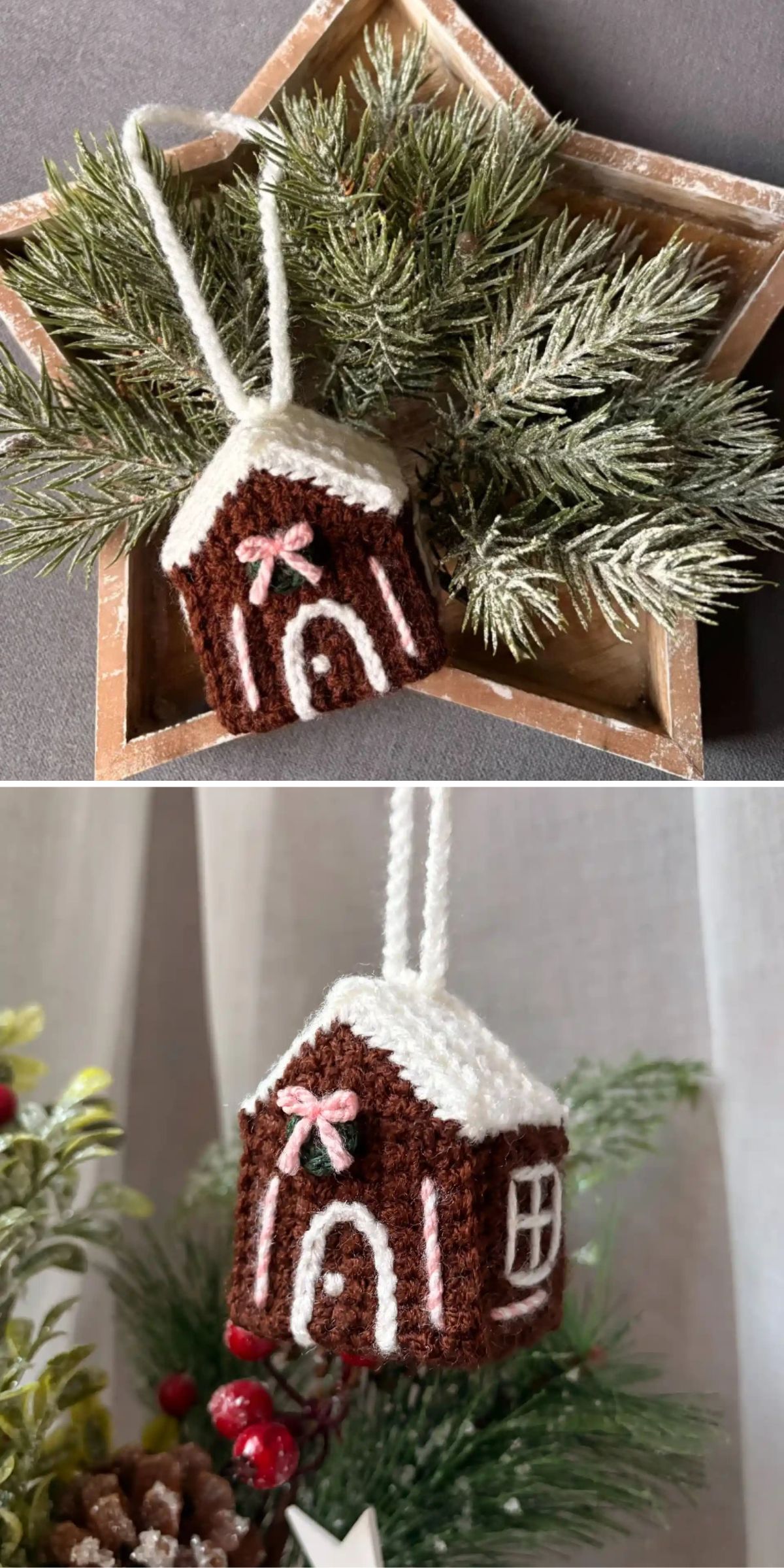 Two images show a small, handmade brown and white crochet house ornament with a pink bow, displayed among artificial pine branches.
