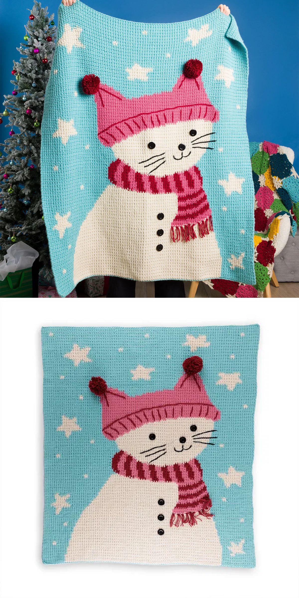 Crocheted blanket featuring a white cat in a pink hat and striped scarf, with stars on a blue background. A Christmas tree is visible in the background of the top image.