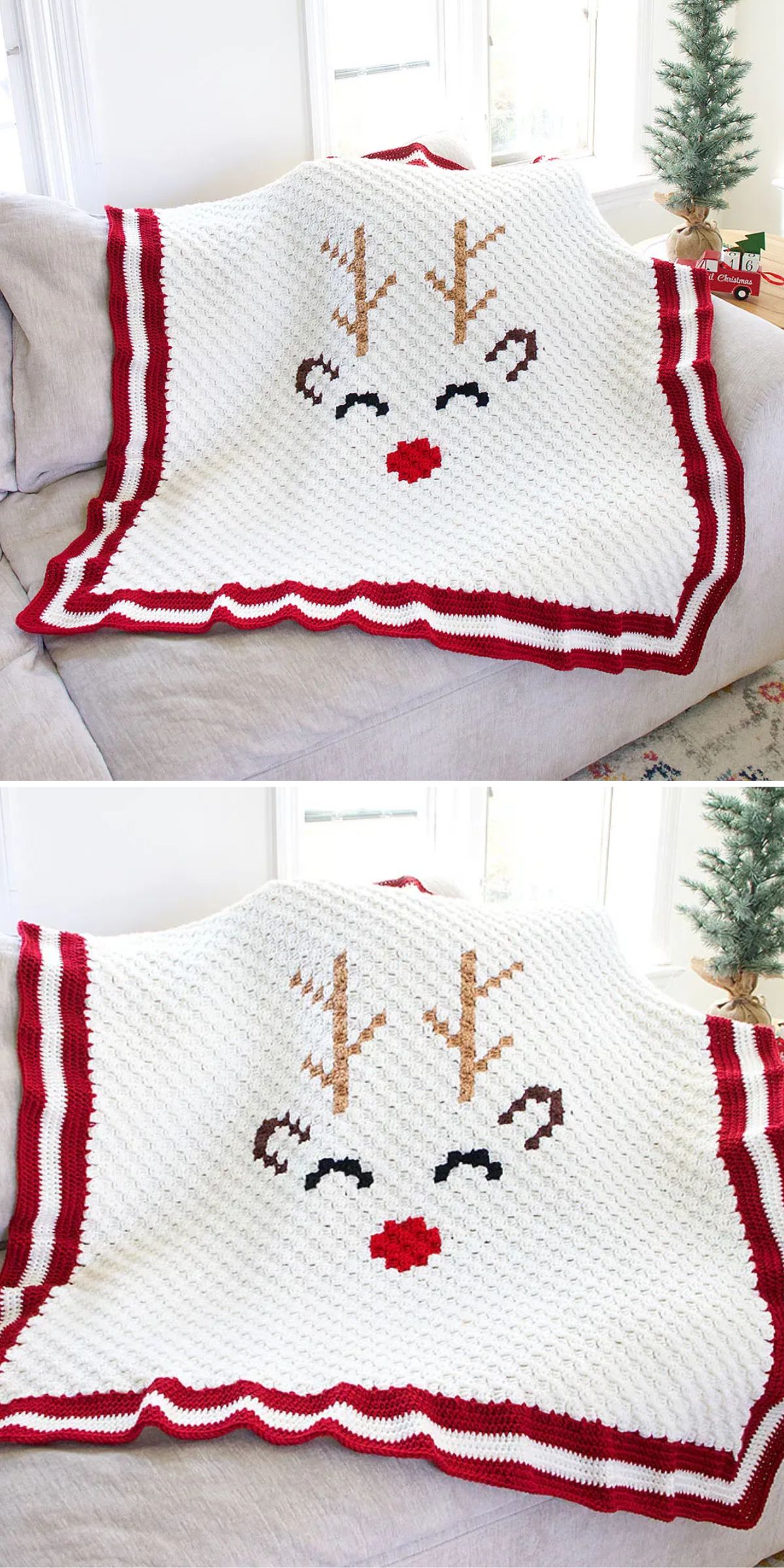 A white crochet blanket with a red border features a reindeer face with antlers, closed eyes, and a red nose, draped over a light-colored sofa near a Christmas tree.
