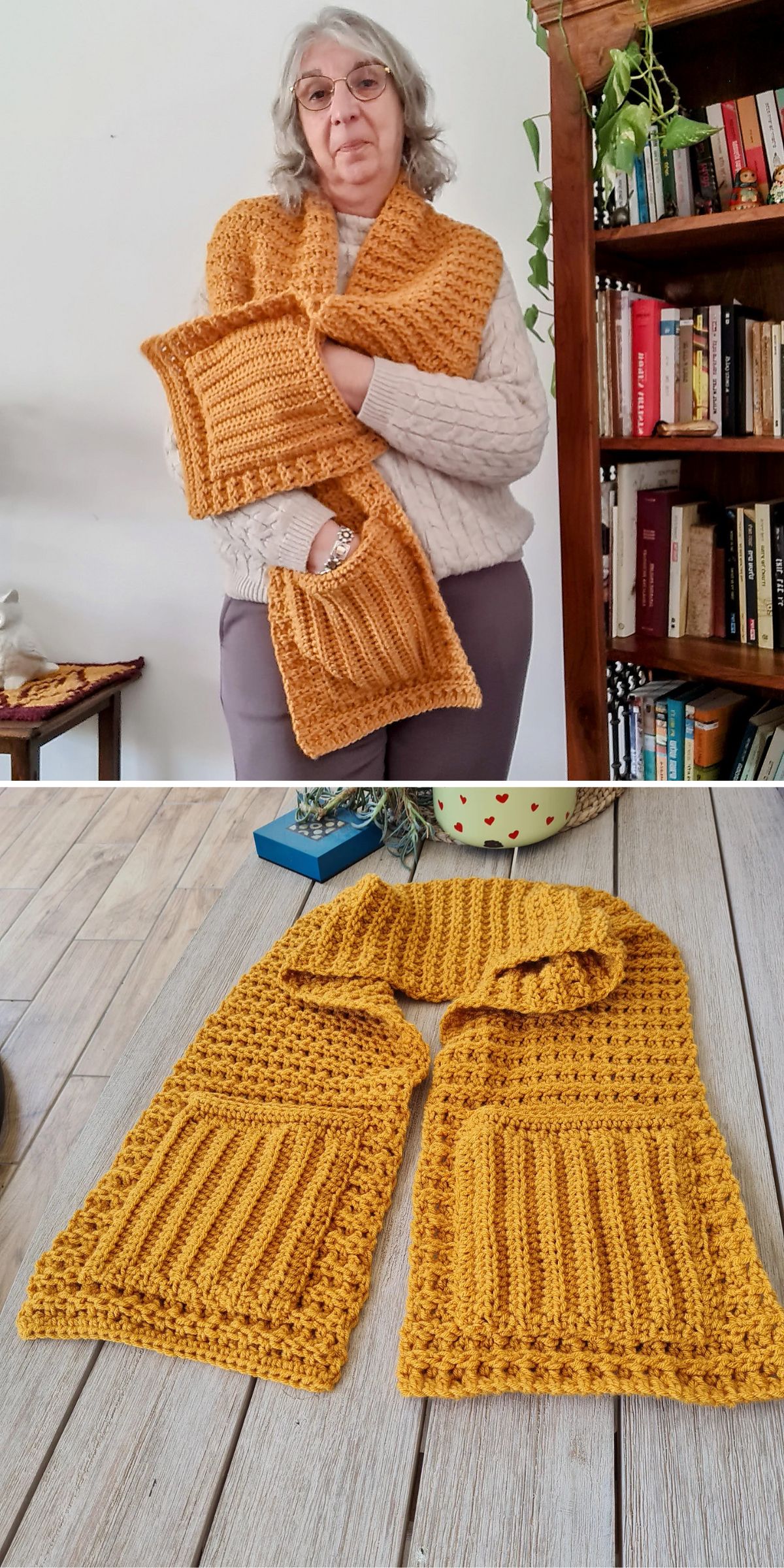 A woman models a mustard yellow crocheted scarf with pockets; the scarf is also shown laid flat on a wooden surface.