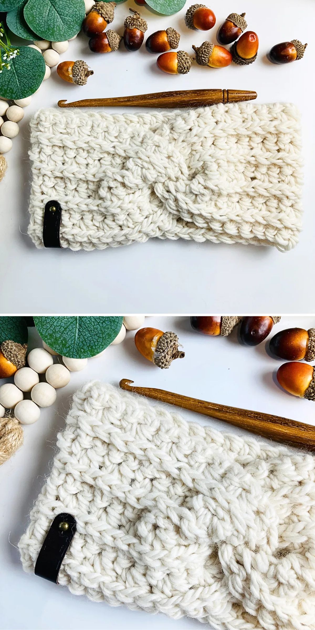 A chunky off-white crocheted headband with a wooden crochet hook, surrounded by acorns, faux greenery, and wooden beads on a white surface.
