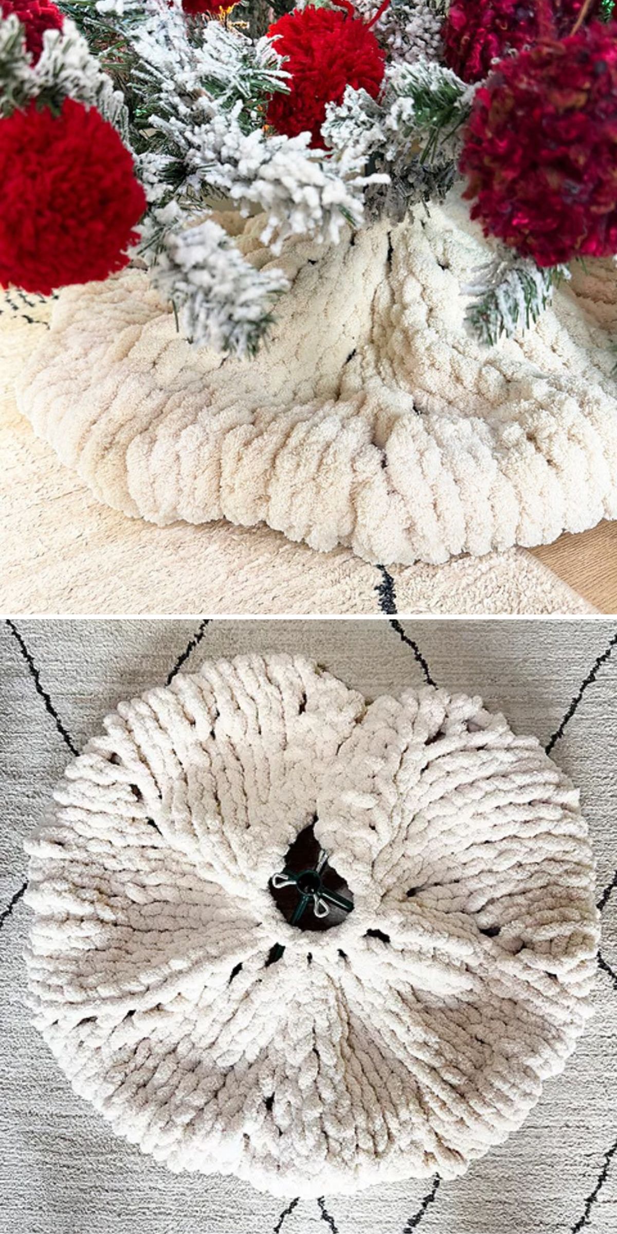 A soft, chunky-knit white tree skirt covers the base of a Christmas tree, shown from a side view and a top-down view.