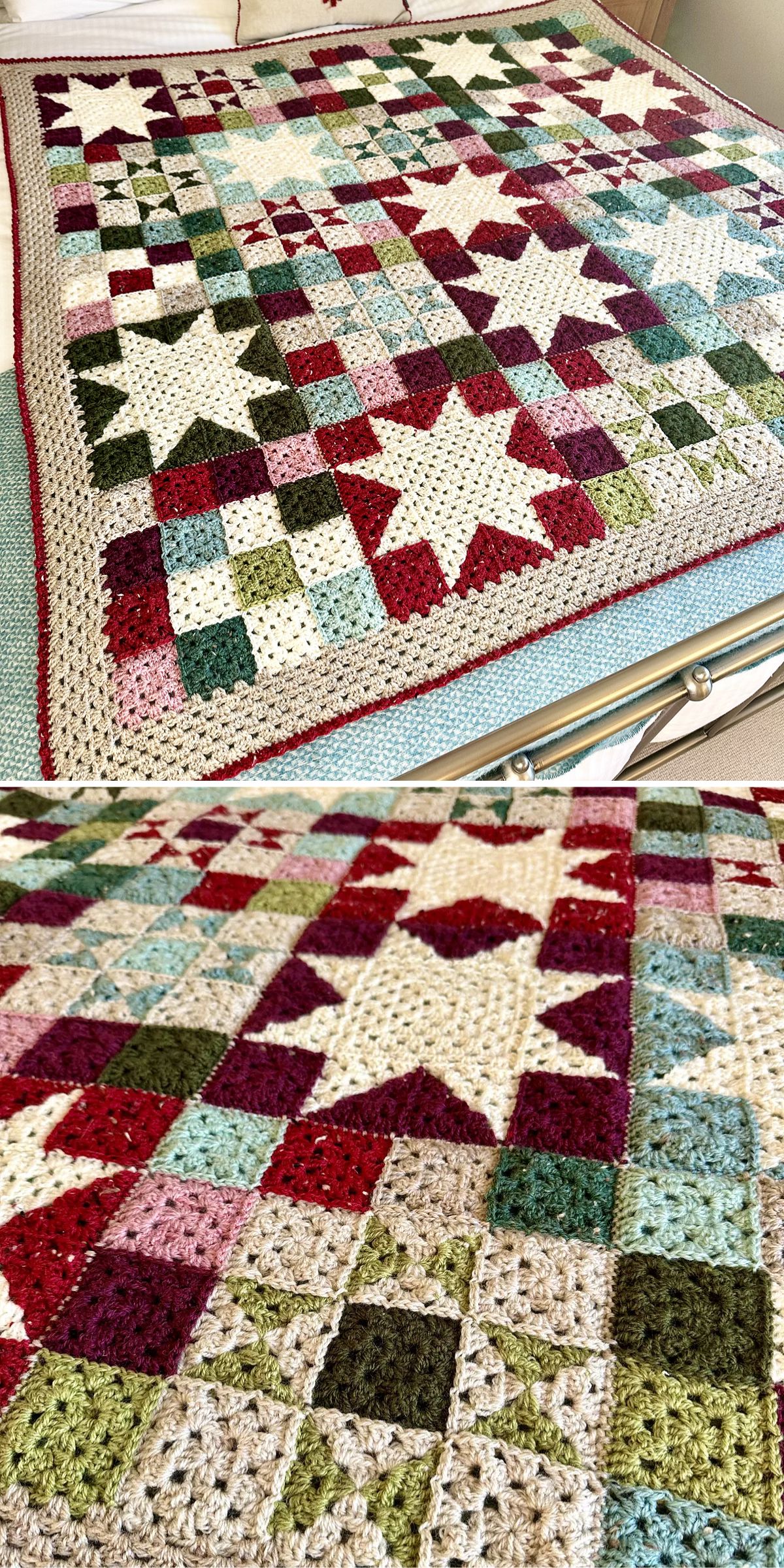 A crocheted blanket featuring a patchwork pattern of squares and large stars in shades of red, green, cream, and blue with a tan border, displayed on a bed.
