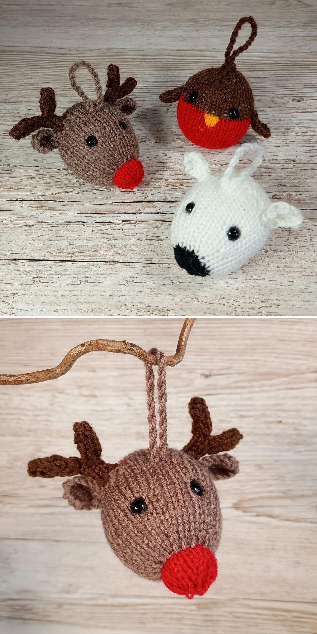 Three knitted animal ornaments, including two reindeer with red noses, a bird with a red belly, and a white bear, displayed on a light wooden surface; one reindeer is hanging from a branch.