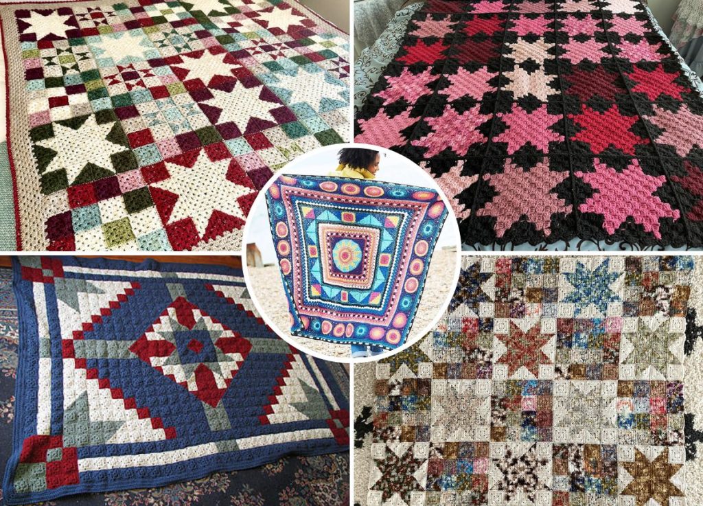 A collage of five crochet blankets in various color schemes, featuring geometric and star designs, with one blanket held up in the center.