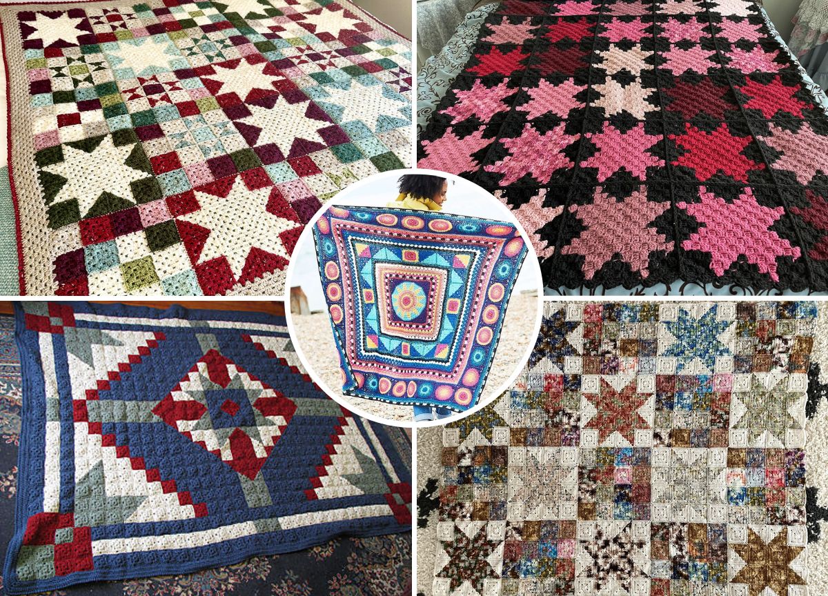 A collage of five crochet blankets in various color schemes, featuring geometric and star designs, with one blanket held up in the center.