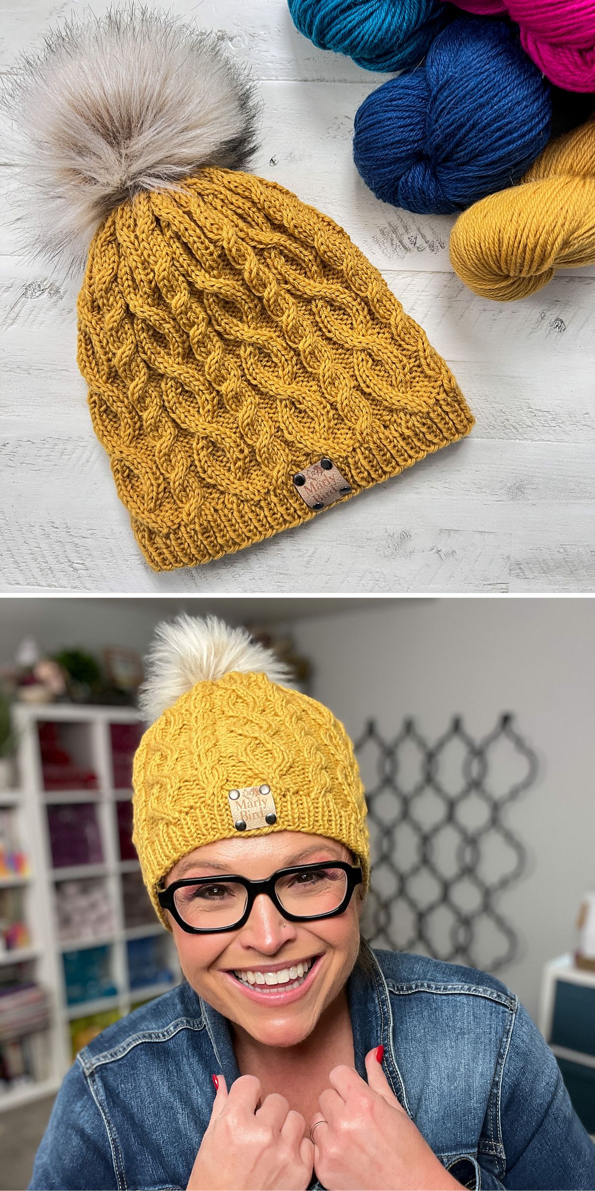 A yellow knit beanie with a white faux fur pompom shown alone and worn by a smiling person with glasses; colorful yarn skeins are visible in the background of the first image.