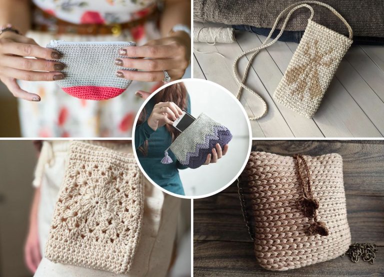 A collage of five handmade crochet purses and pouches in various shapes, colors, and patterns, including one with a phone being placed inside.