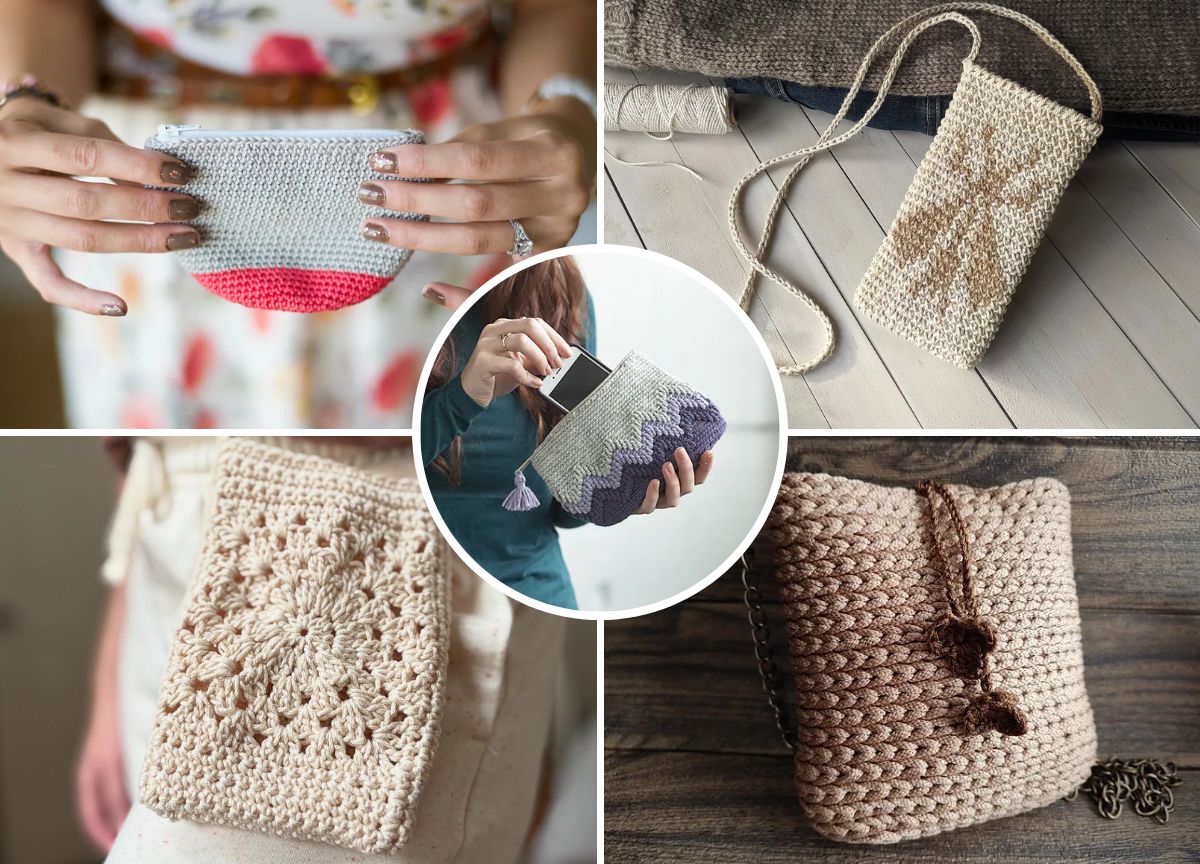 A collage of five handmade crochet purses and pouches in various shapes, colors, and patterns, including one with a phone being placed inside.