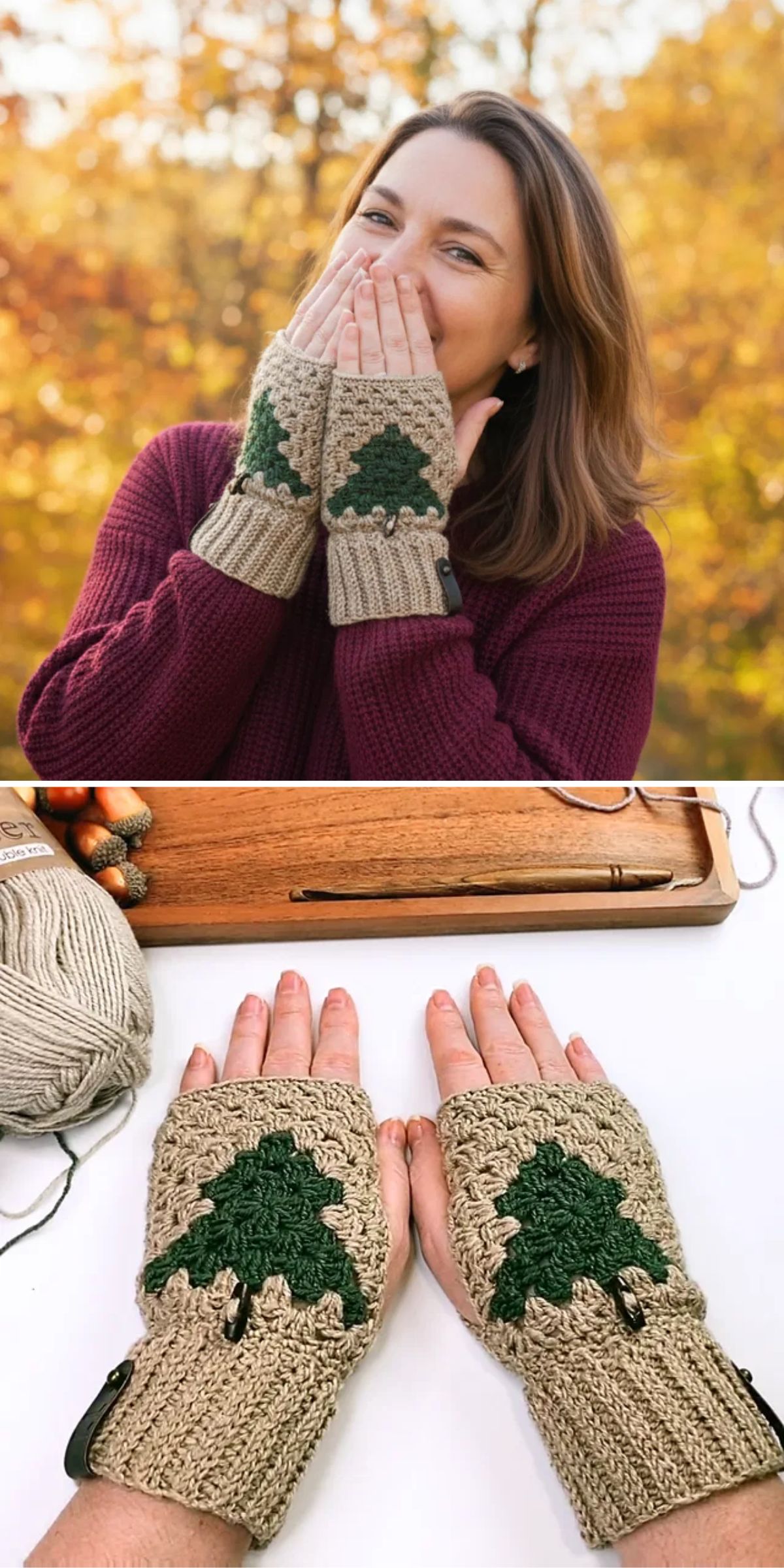 A woman wears beige fingerless gloves with green tree patterns. Below, the gloves are shown laid flat beside yarn, a crochet hook, and some acorns.