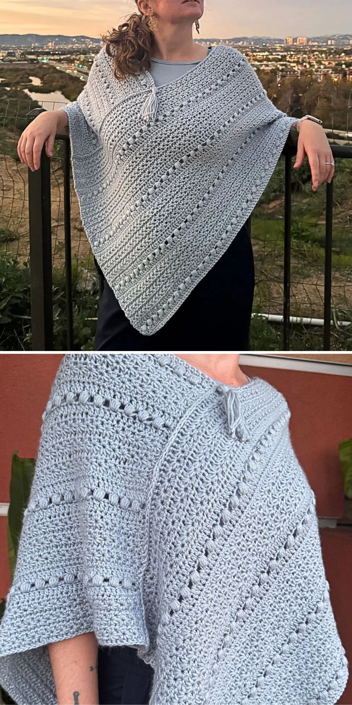 A person wearing a light gray crochet poncho with textured patterns stands outdoors, showing the poncho from front and side angles.