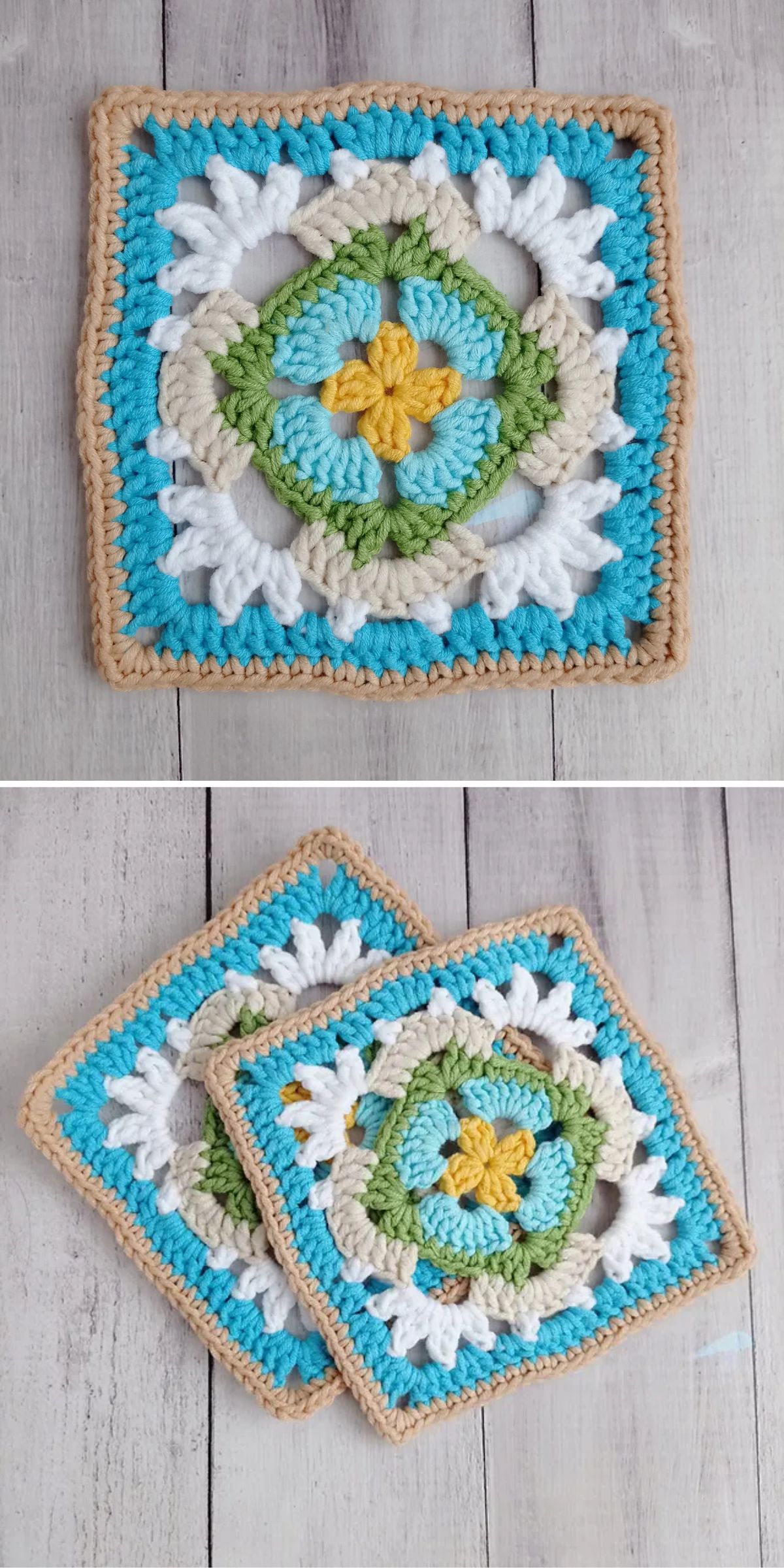 Crocheted granny squares featuring a central yellow flower, green and white detailing, blue background, and tan border, displayed on a light wood surface.