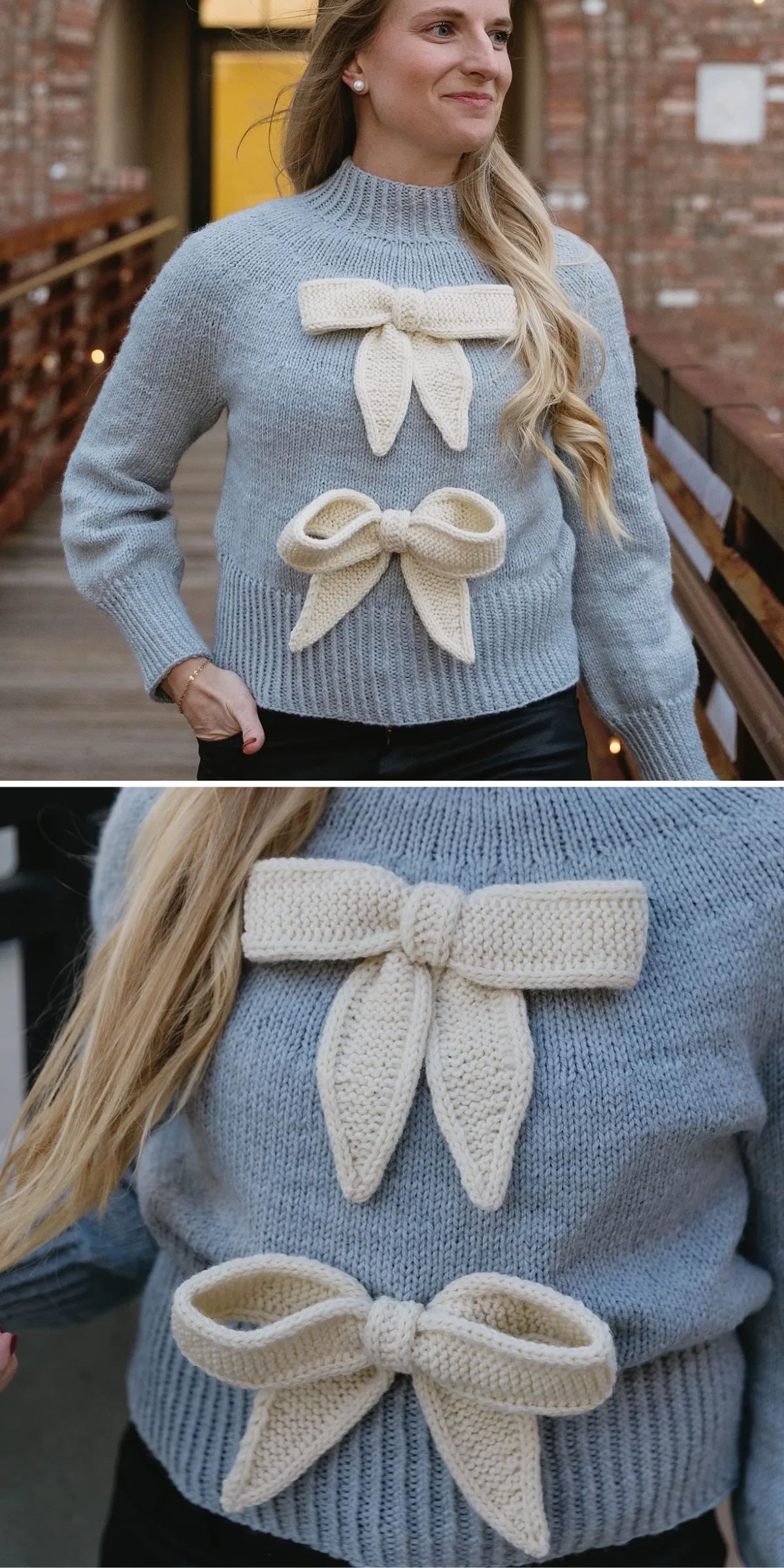 A woman wears a light blue knit sweater with two large cream-colored knitted bows on the front, standing outdoors on a bridge.