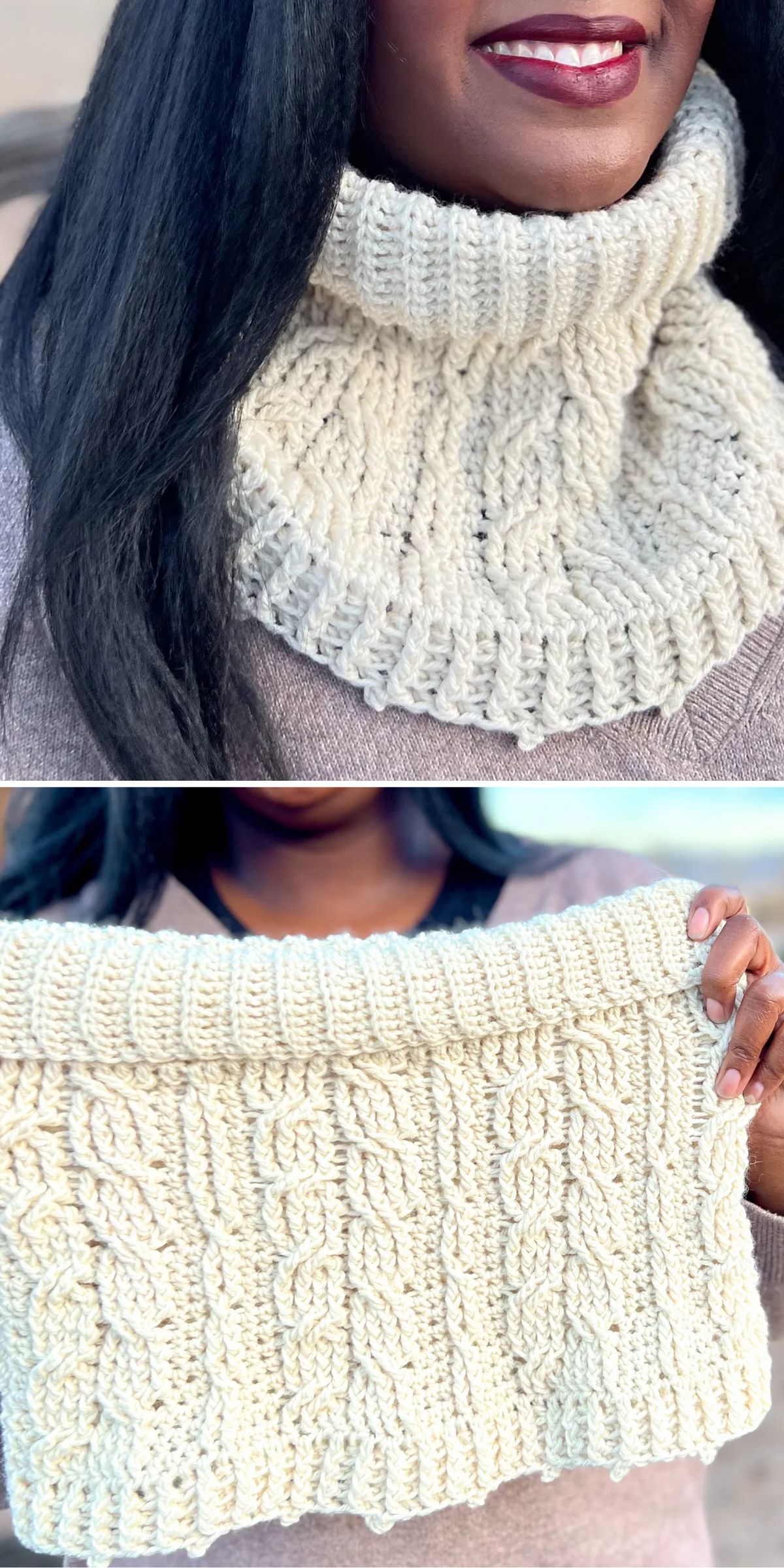 A woman wears a thick, cream-colored knitted cowl with a cable pattern; in the second image, she holds the cowl up to display its texture and design.