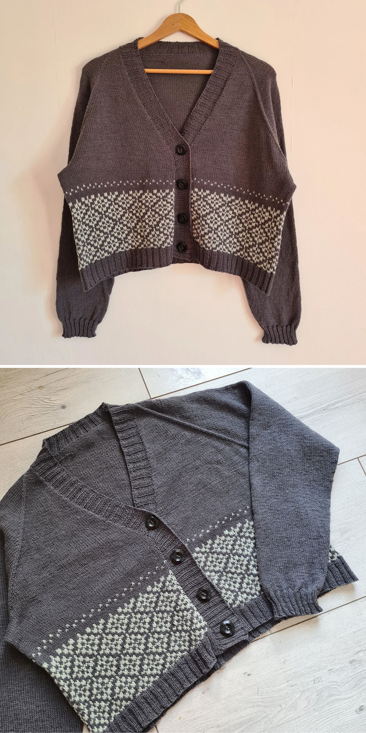 A gray knit cardigan with black buttons and a white geometric pattern across the lower half, shown hanging on a hanger and laid flat on a wooden floor.
