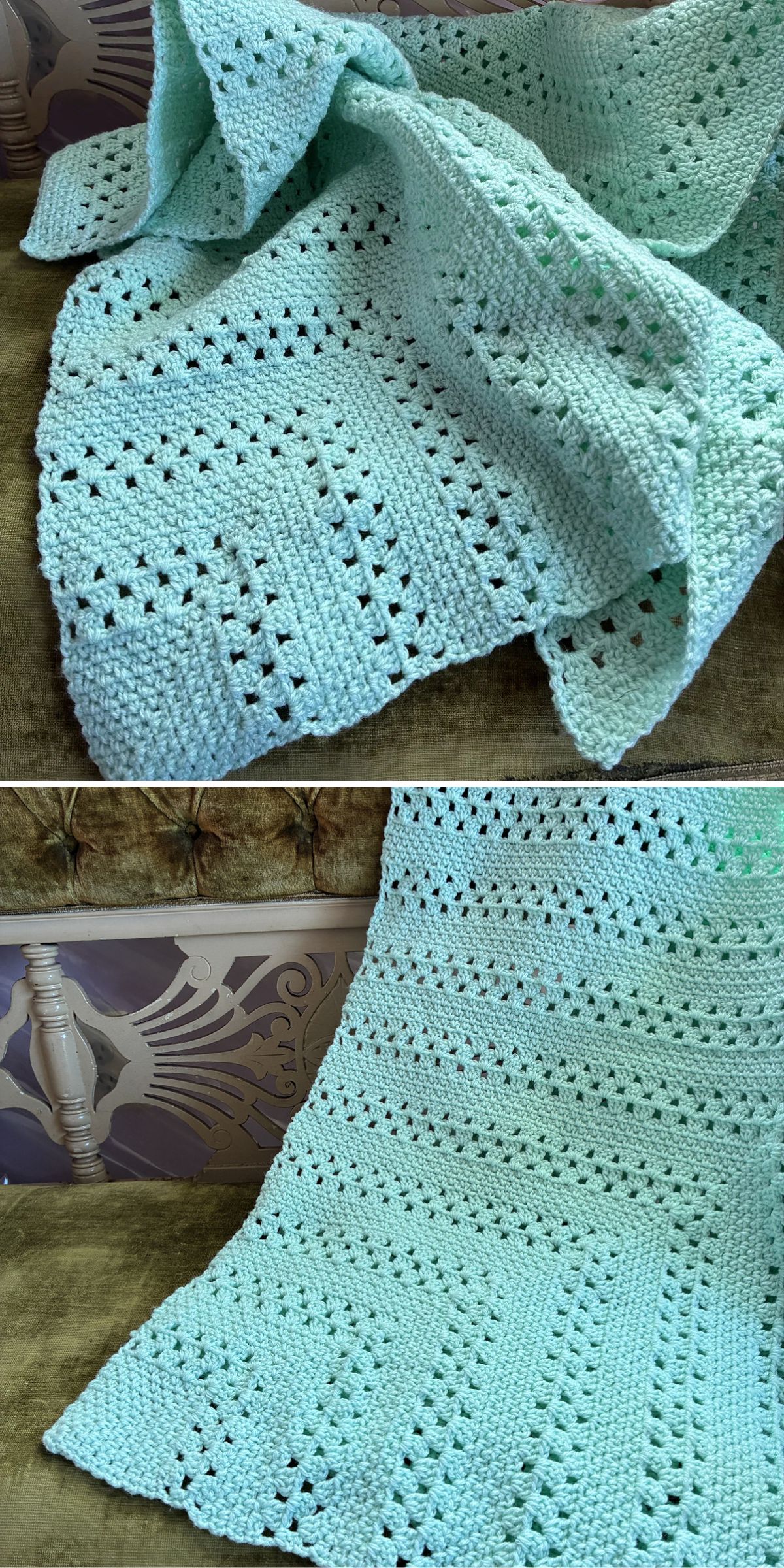 A light green crocheted blanket with textured and openwork patterns is draped over a green upholstered surface.