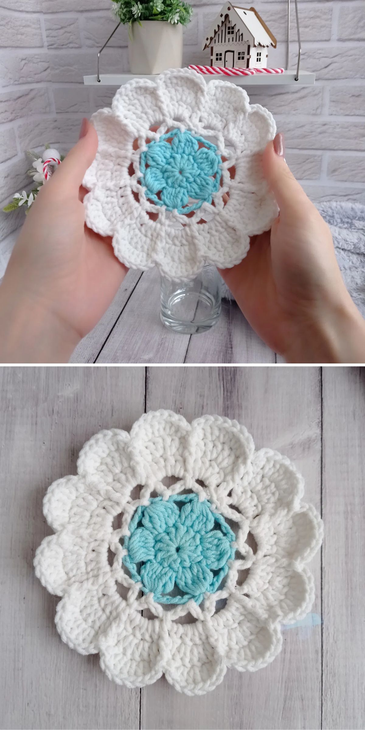 A person holds a crocheted flower motif with a blue center and white petals; the motif is shown laid flat in the second image.
