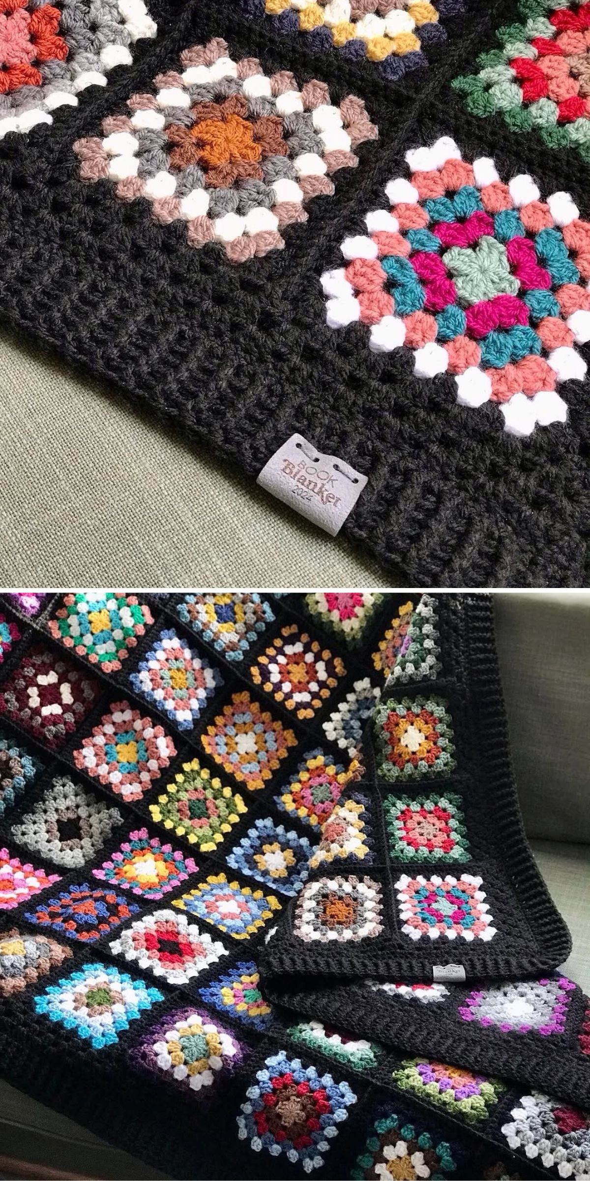 A handmade crochet blanket featuring colorful granny squares bordered with black yarn, displayed on a fabric surface.