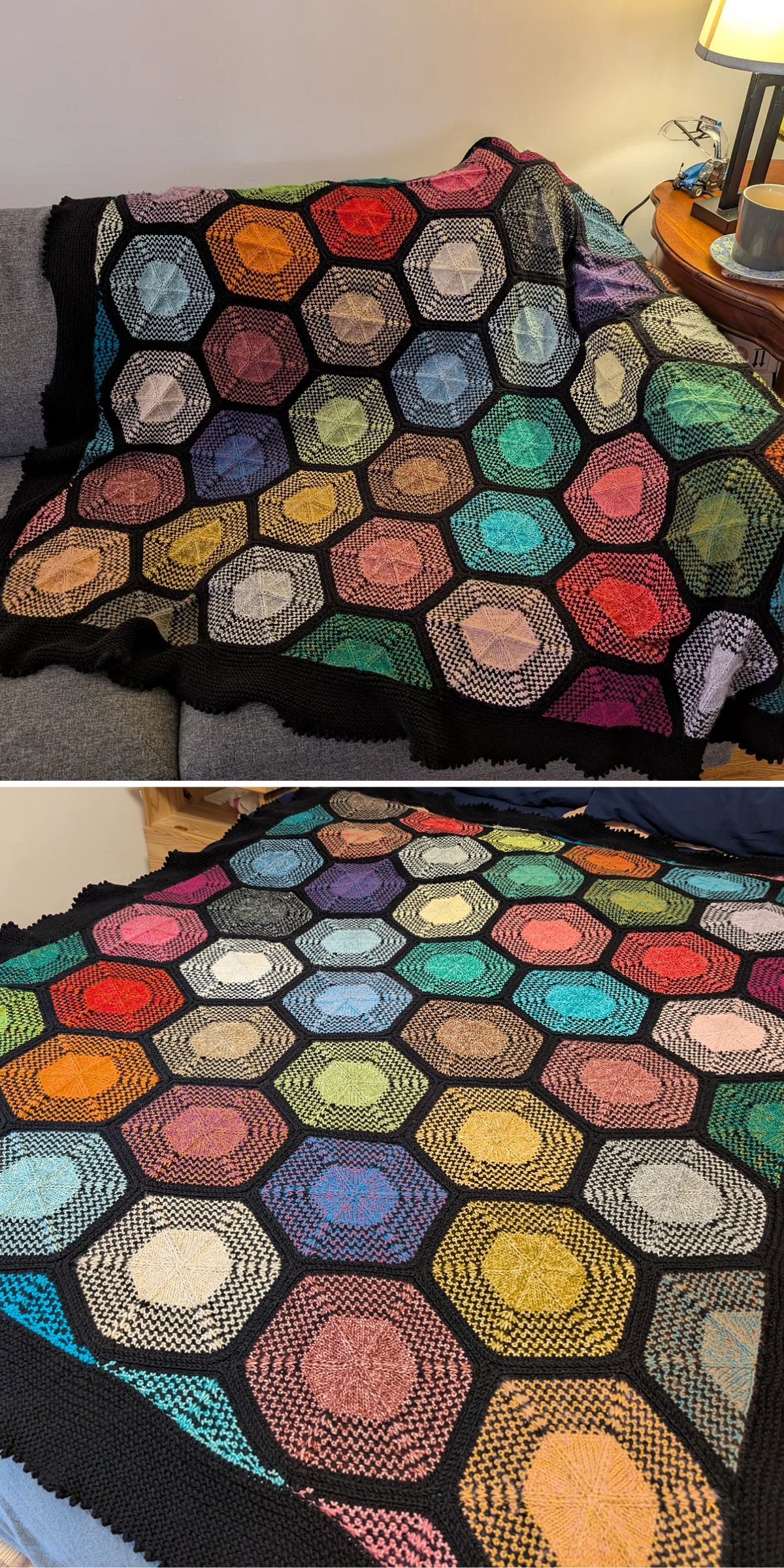 A large crocheted blanket with colorful hexagonal patterns bordered in black, draped over a couch.