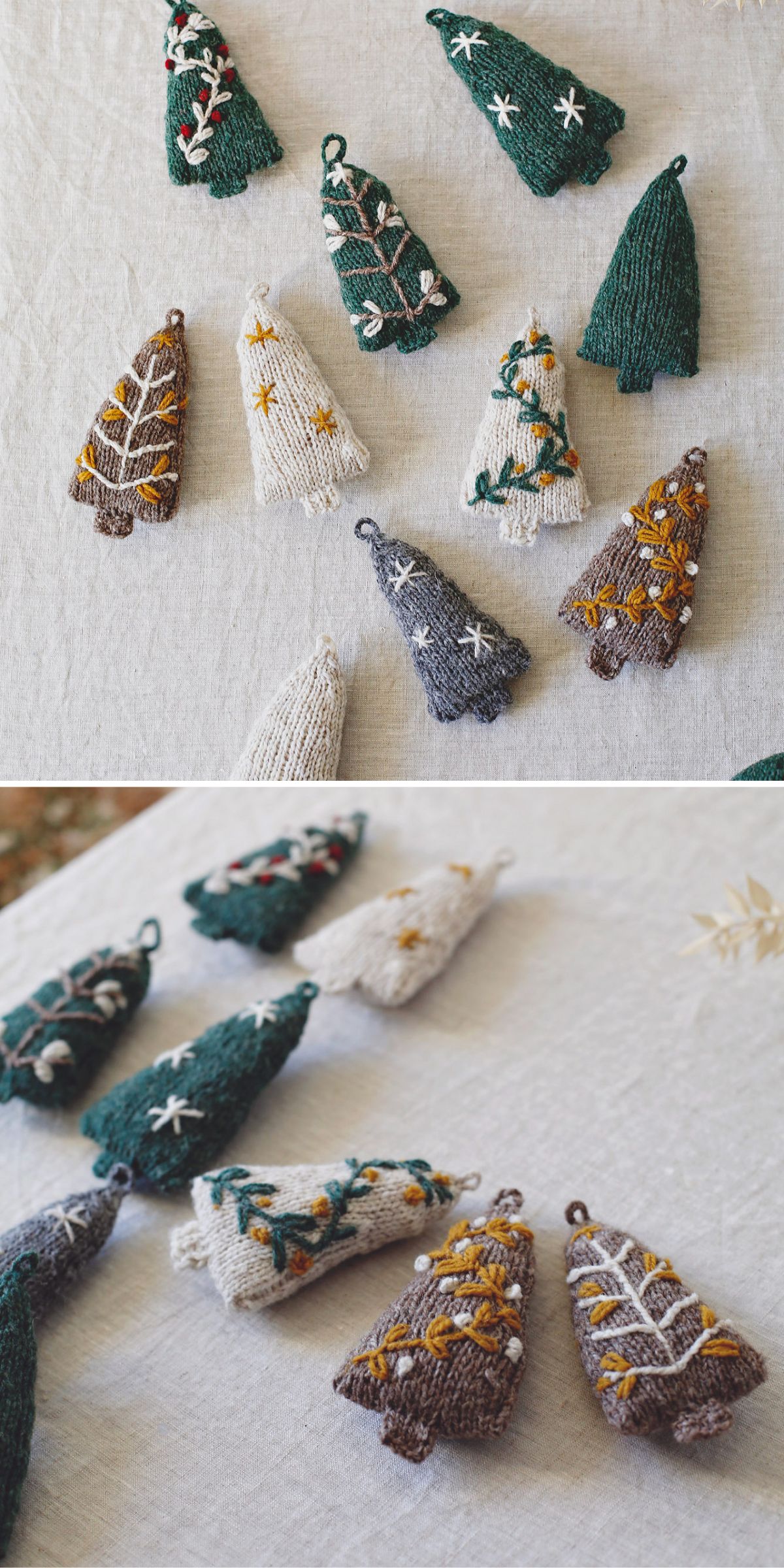Several knitted Christmas tree ornaments in various colors and decorated with embroidered patterns are displayed on a light fabric surface.