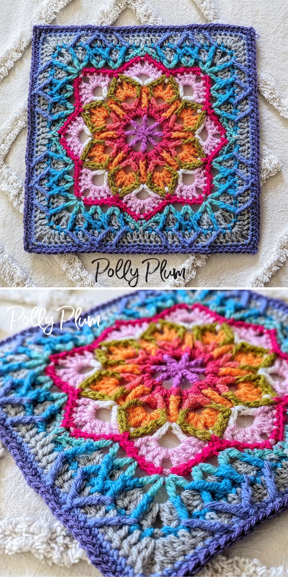 A colorful crocheted square featuring a floral central pattern in orange, pink, and yellow, surrounded by blue, purple, and light gray stitches.
