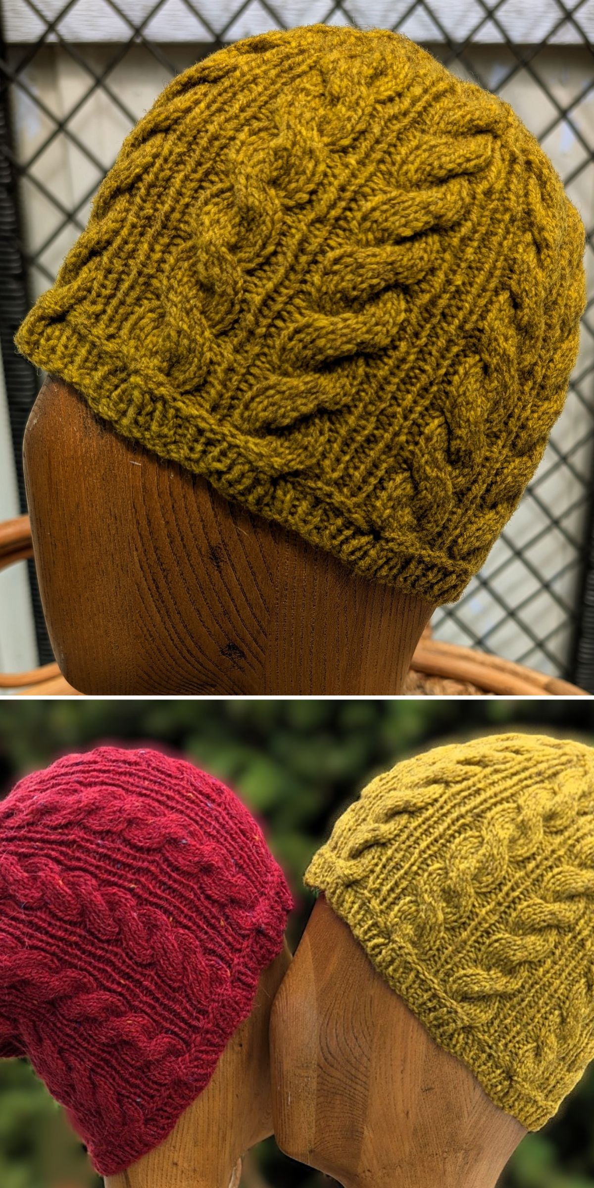Two knitted hats with a cable pattern are displayed on wooden mannequins. One hat is mustard yellow and the other is red. The background has a grid and greenery.